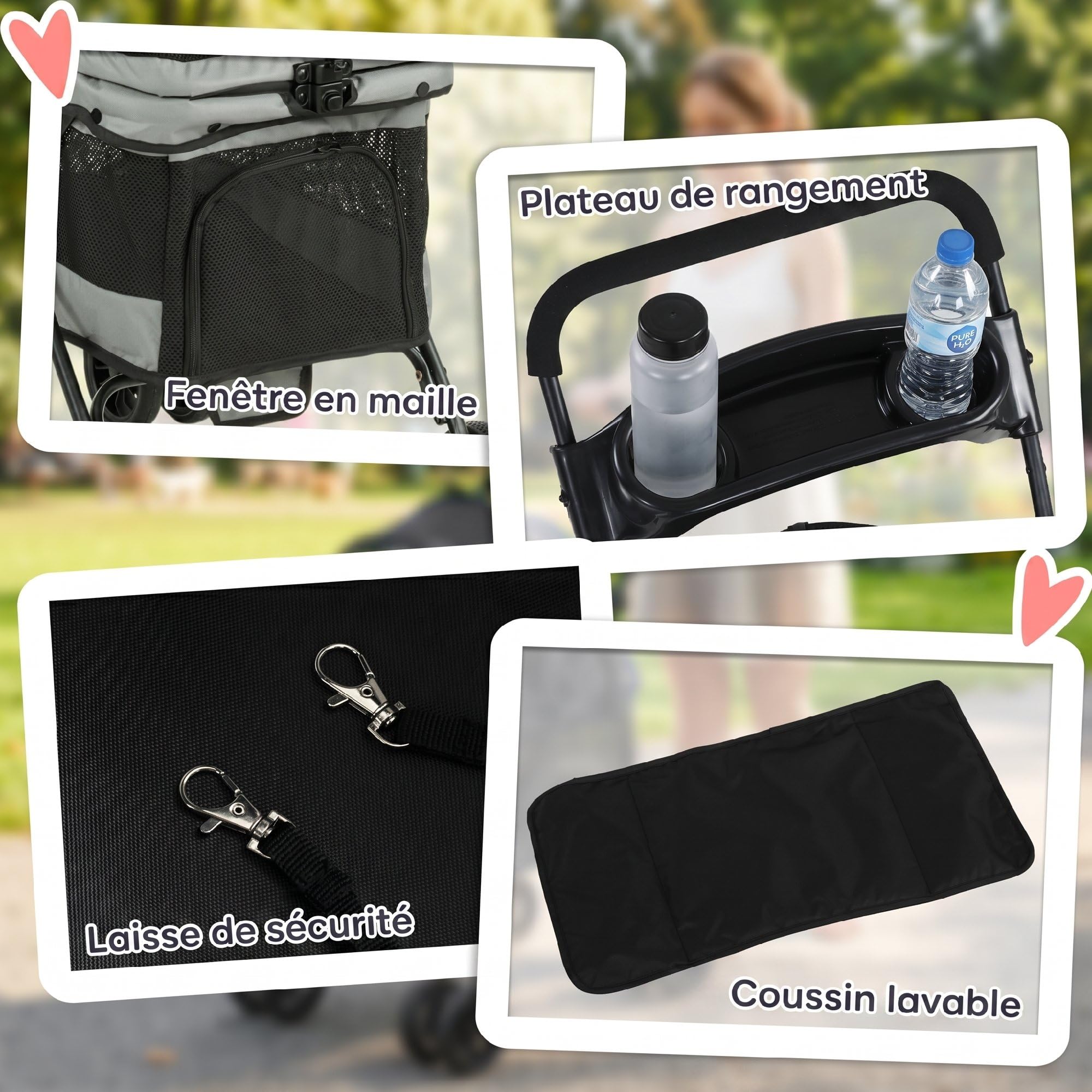 PawHut Poussette pour Chien avec 4 Roues EVA, Chariot Pliable avec Fenêtres en Maille, Frein, Laisses de Sécurité, Coussin Amovible, Plateau de Rangement, Porte-Gobelet, pour Petits Chiens, Gris