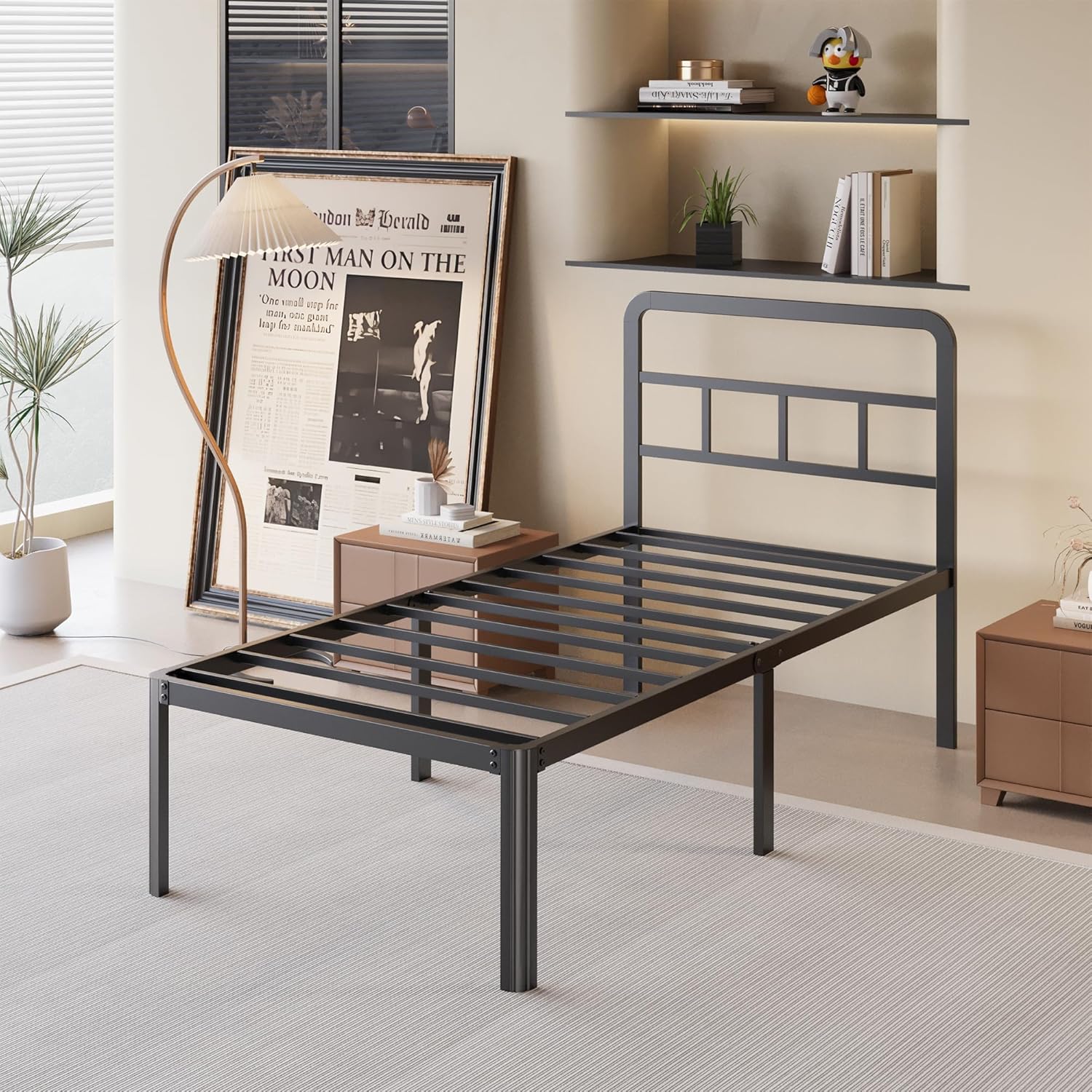 16 Inch Twin XL Bed Frame with Headboard, Heavy Duty Metal XL Twin Platform Bed Frame with Rounded Corner Legs, No Box Spring Needed, Noise Free, Easy Assembly, Black Twin XL 16 Inch