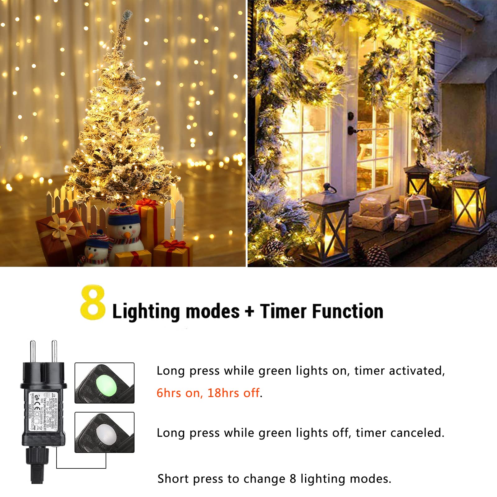 NEXVIN Luci Albero di Natale Bianco Caldo 20M 200LED Catena Luminosa con 8 Modalità, Funzione Timer e Memoria, Collegabile, Luci Natalizie da Esterno ed Interno, Cavo Trasparente