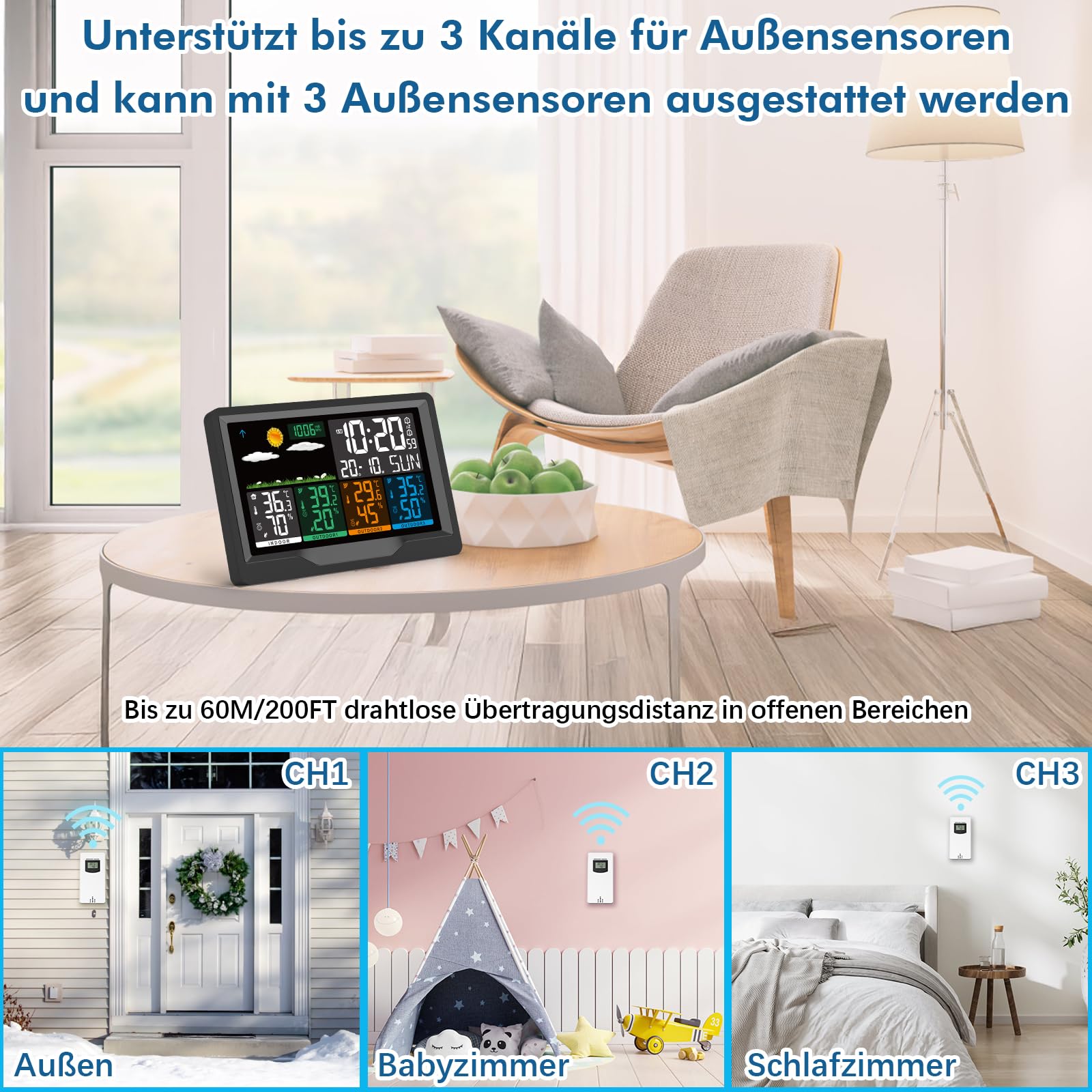 Wetterstation Funk mit Außensensor, Wetterstation Funk mit 3 Außensensor, 7,5" VA-Farbdisplay Funkwetterstation mit DCF Funkuhr, Innen- & Außentemperatur, Luftfeuchtigkeit, Wettervorhersaget für Hau