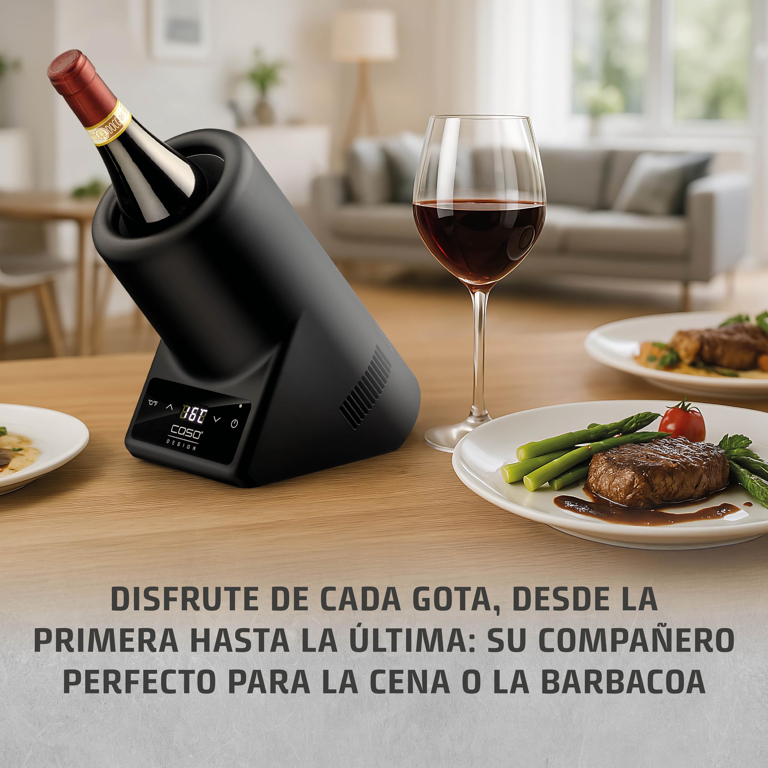 CASO VinoCase Enfriador para botella de vino, champán, etc., temperatura 5 – 18 °C, para botellas de hasta 9 cm de diámetro, funcionamiento silencioso, negro