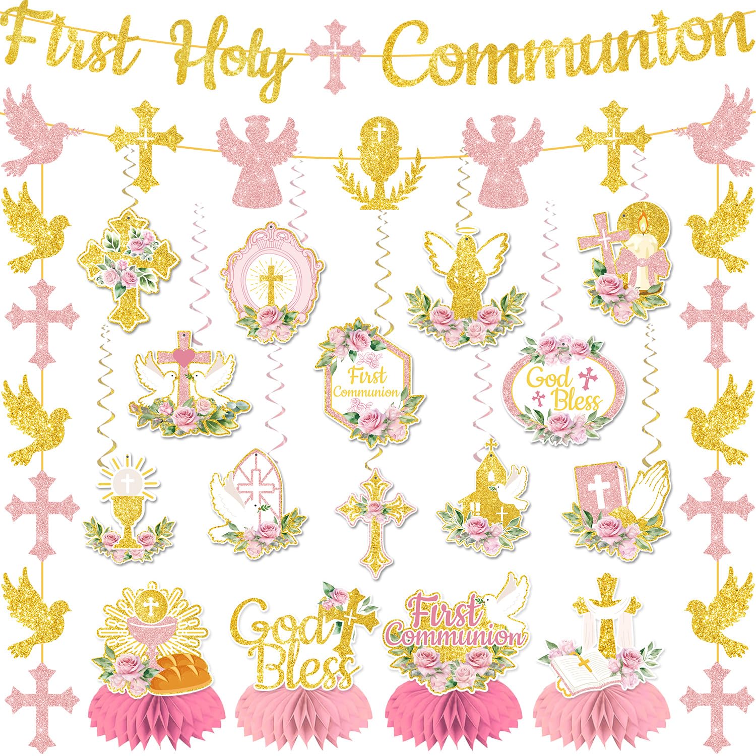 Photo 1 of 20Pcs First Communion Decorations, Pink First Holy Communion Banner Hanging Swirls and Honeycomb Centerpieces for Baptism Confirmation Christening Party Decorations