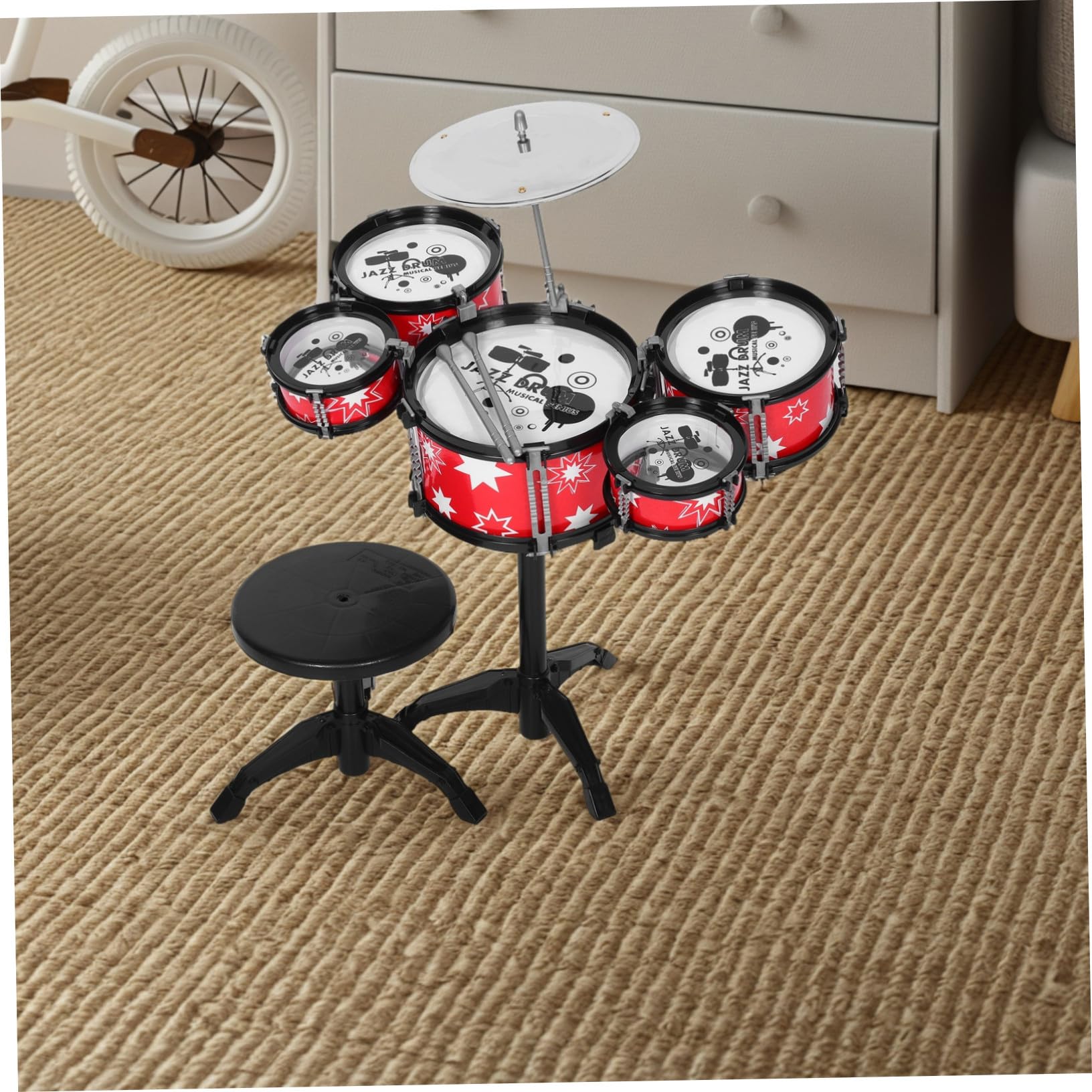 Juego de Minibatería Infantil de Plástico Rojo Diseño Realista y Seguro para Bebés, Juguete Musical Educativo para Niños Pequeños y Bebés