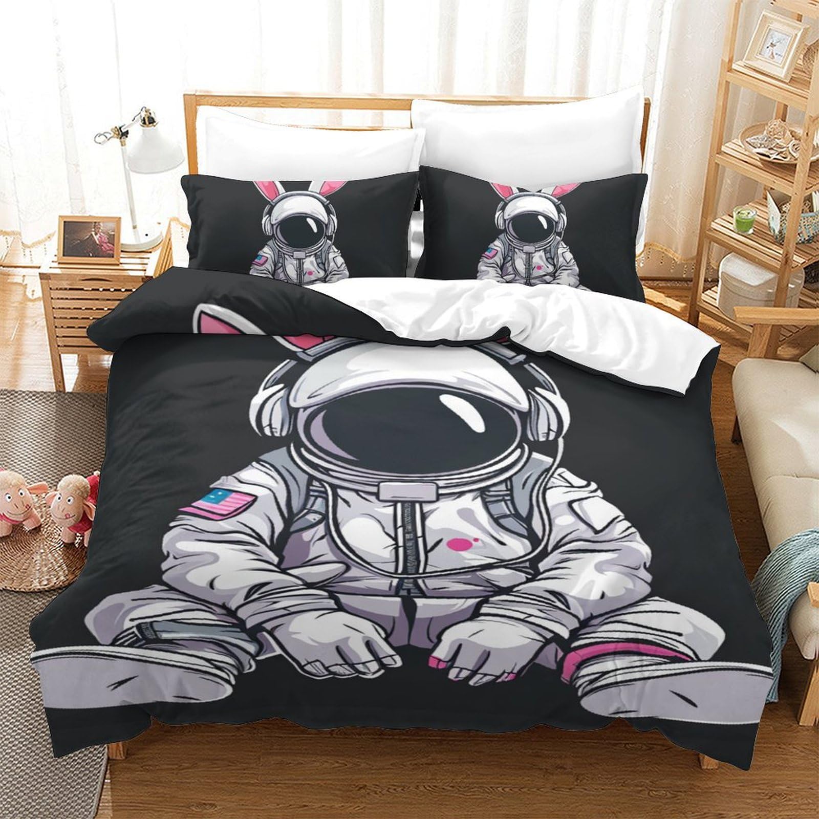 Ensemble de literie 3pcs imprimé 3D microfibre douce motif astronaute pour lit simple