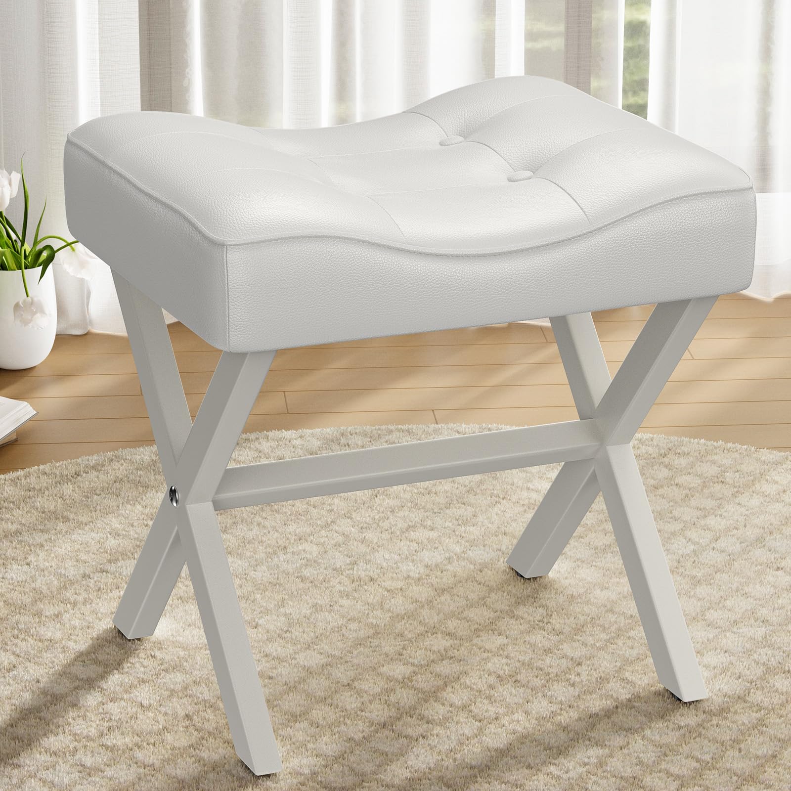 Memobarco 18-Inch Large Leather Vanity Stool, Vanity Chair with Metal X-Leg, Ottoman Accent Stool with Thick Padded Saddle Seat, White
