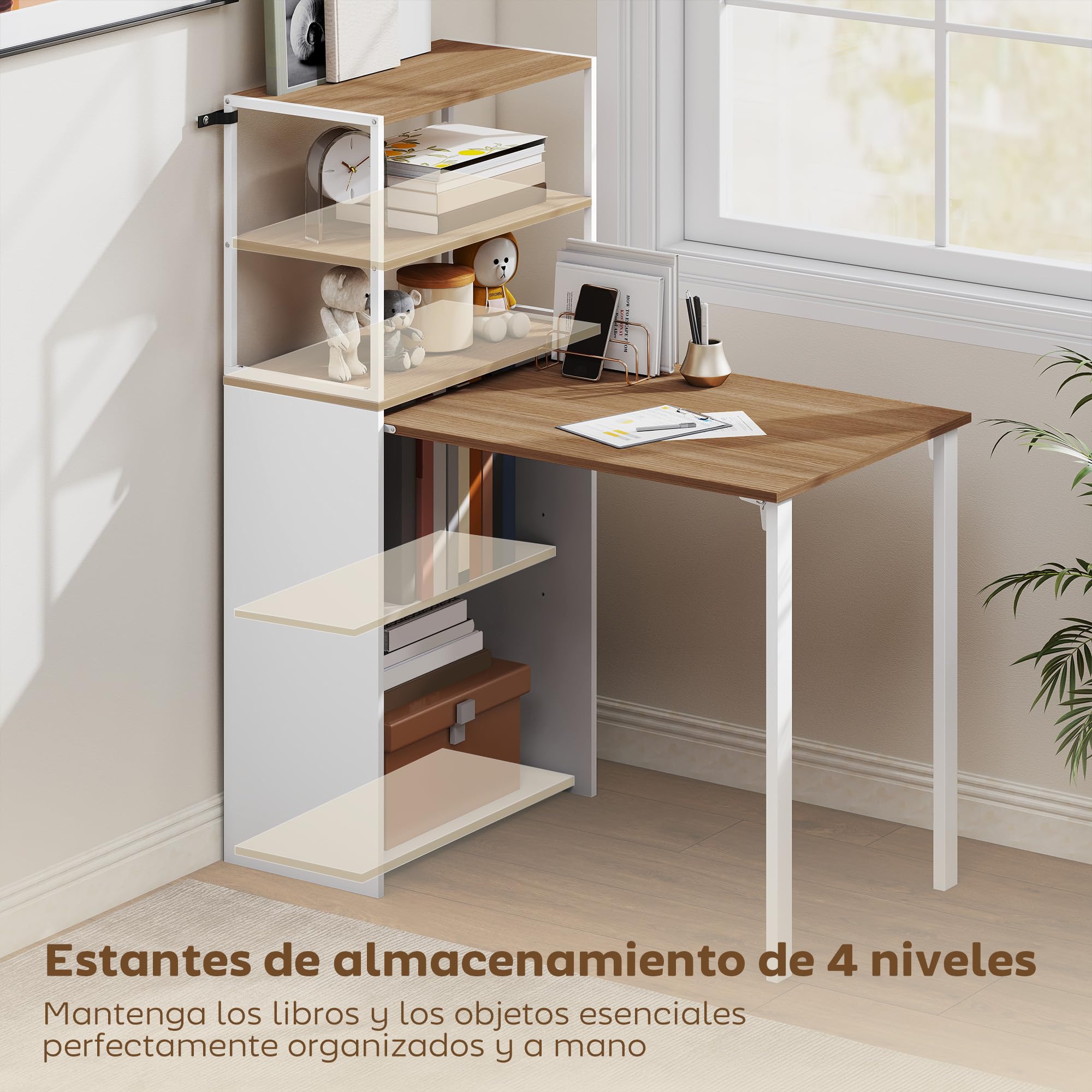 HOMCOM Escritorio Plegable con Estantería Estudio 105x60x127 cm Natural | Mesa de Escritorio con 4 Estantes, Mesa de Ordenador para Espacios Pequeños, Oficina en Casa
