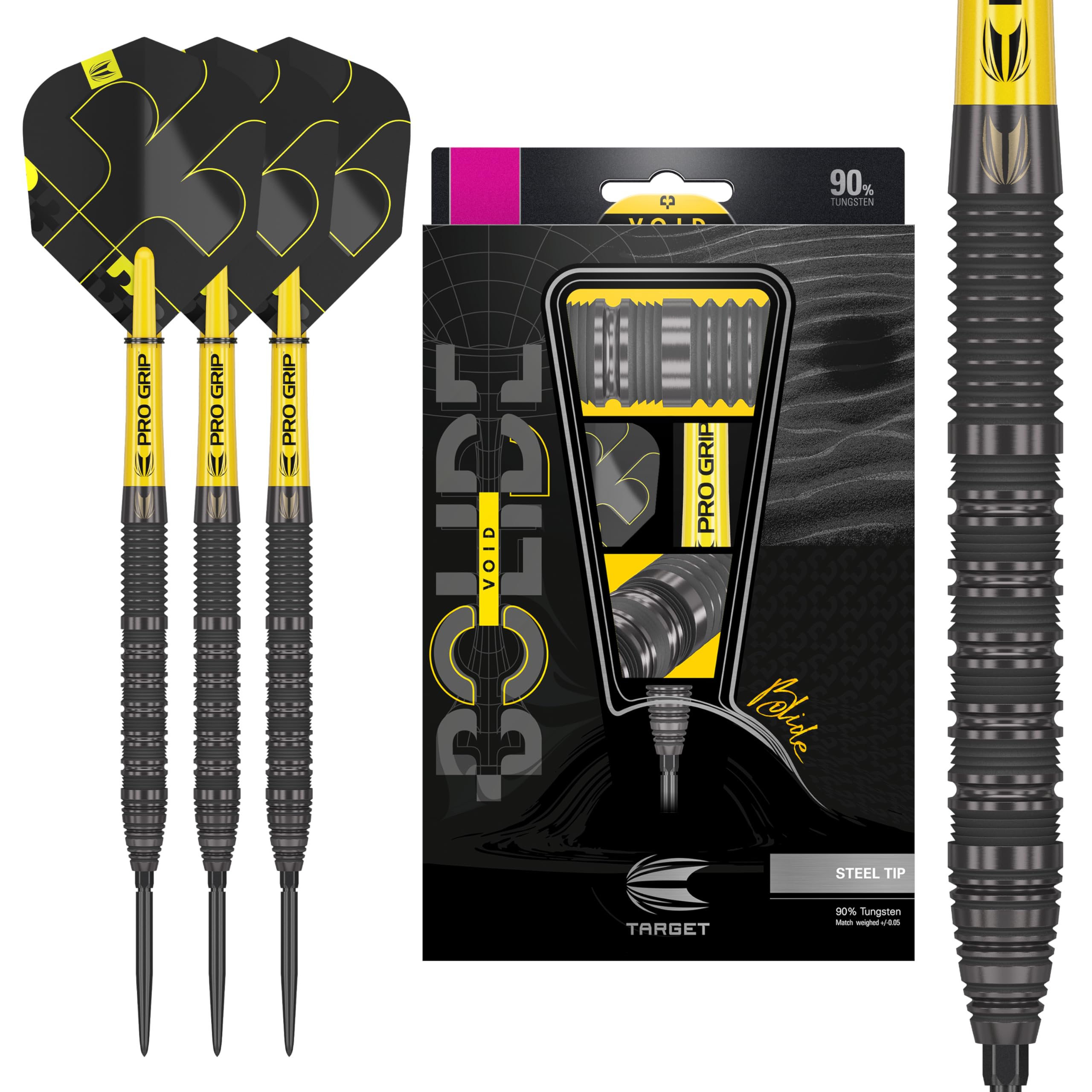 Target DartsBolide Void 90% Tungsten Dart Set, Steel Tip Swiss Point Darts | 21G/22G/23G/24G/25G/25G | Professional Darts Sets, Black Darts, Swiss Point Tool Included