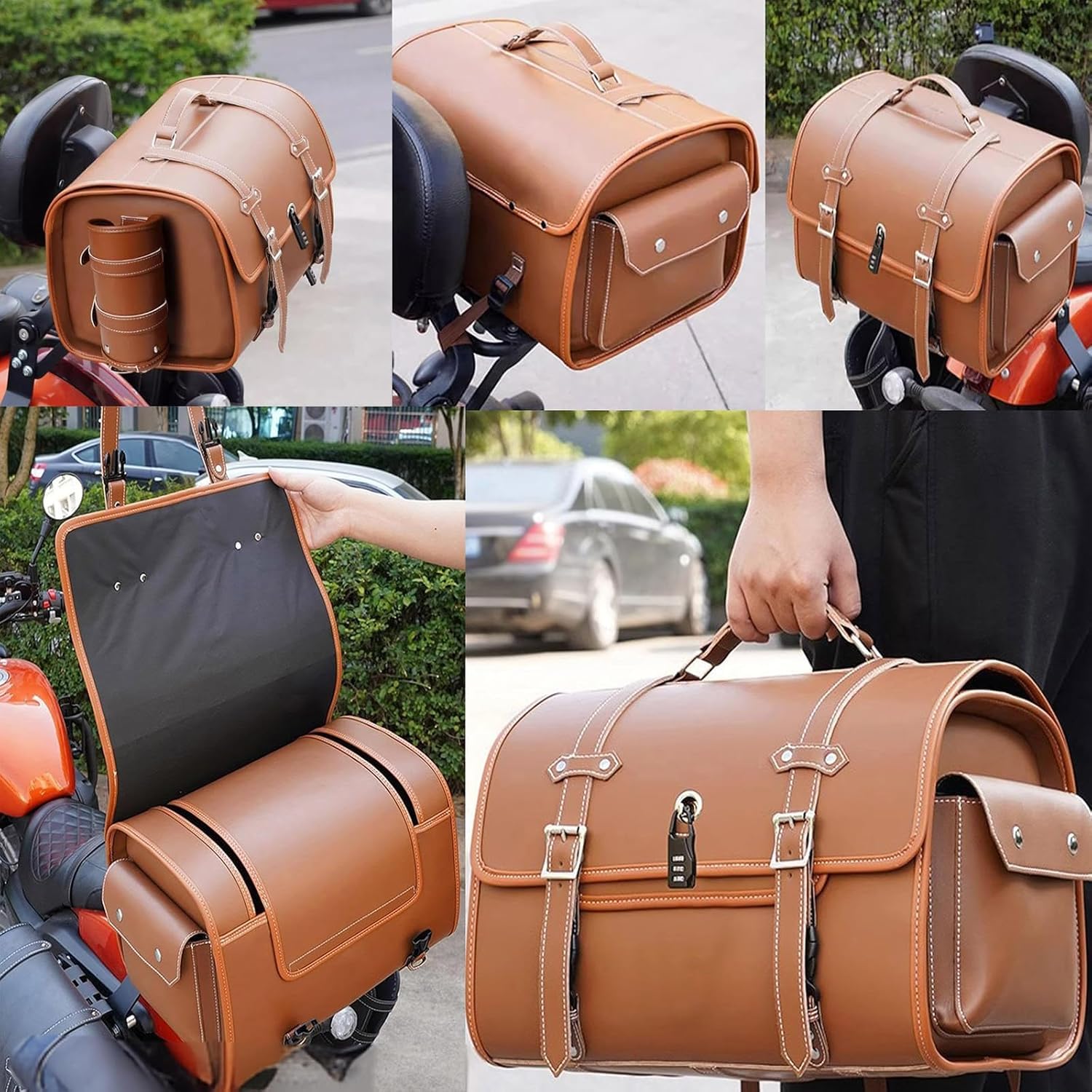 Baul Moto para Ducati Senna, Top Case Moto 33L Impermeable, Bolsa Vintage Cuero PU, Multifuncional, Bolsa Herramienta Motocicleta Gran Capacidad Bolsa,D Black＋Brown