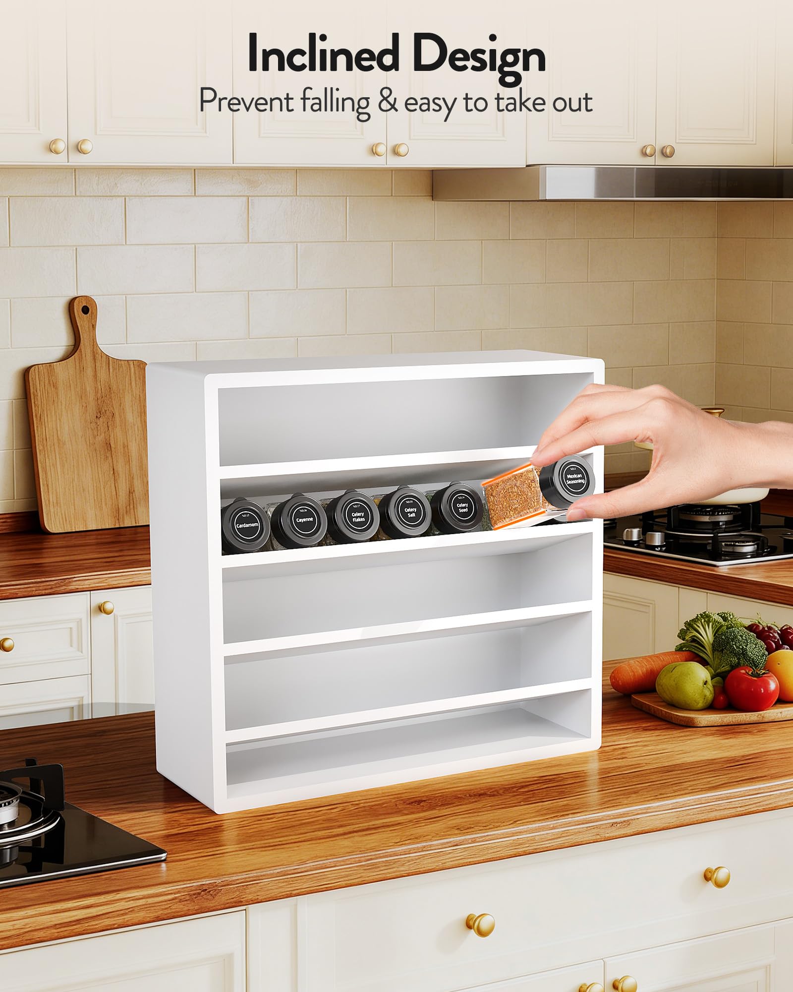 Orimade Étagère à épices à 4 niveaux pour armoire, étagère autoportante en bambou pour comptoir, placard, garde-manger, cuisine, 33,5 x 10,5 x 31 cm (pots à épices non inclus), blanc