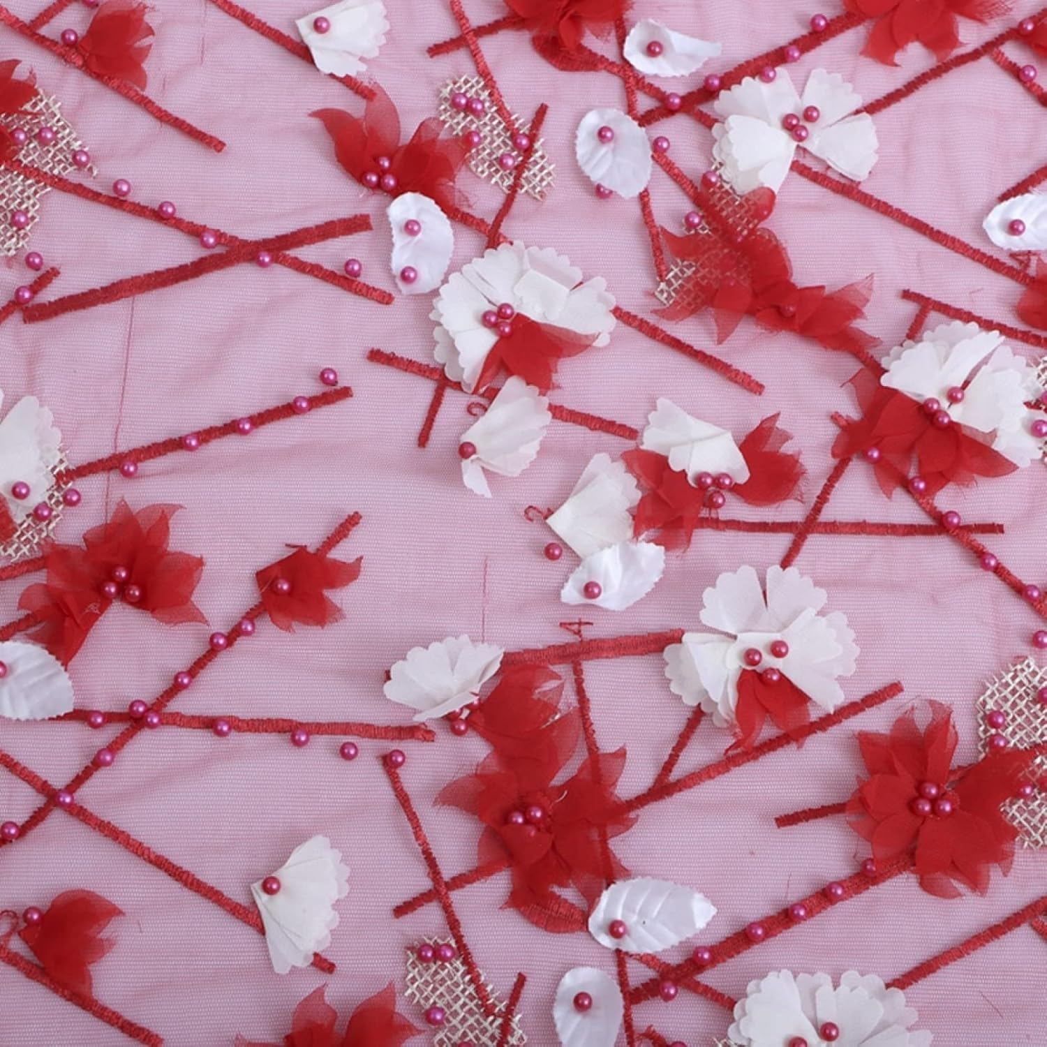 Tulle brodé en dentelle de perles fleurs 3D polyester