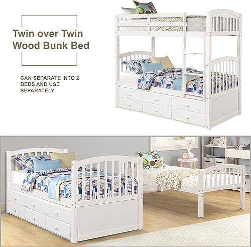 Miniatura 5 de P PURLOVE Litera individual sobre individual con nido marco de litera de madera con escalera rieles de seguridad 3 cajones de almacenamiento para