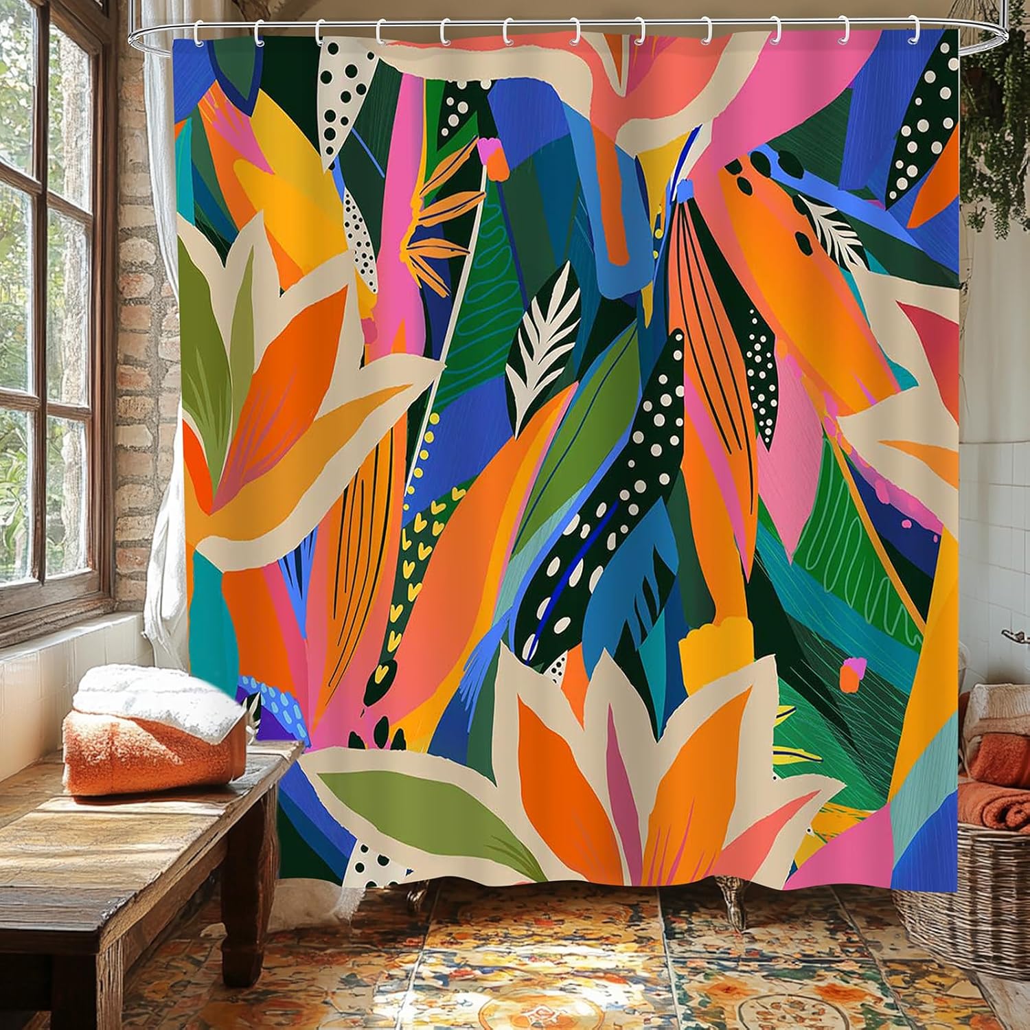Aperturee Colorful Tropical Floral Shower Curtain Set 4-Piece with Rugs Toilet Lid Cover,Bohemian Bathroom Decor with Hooks, Vintage Bathroom Set