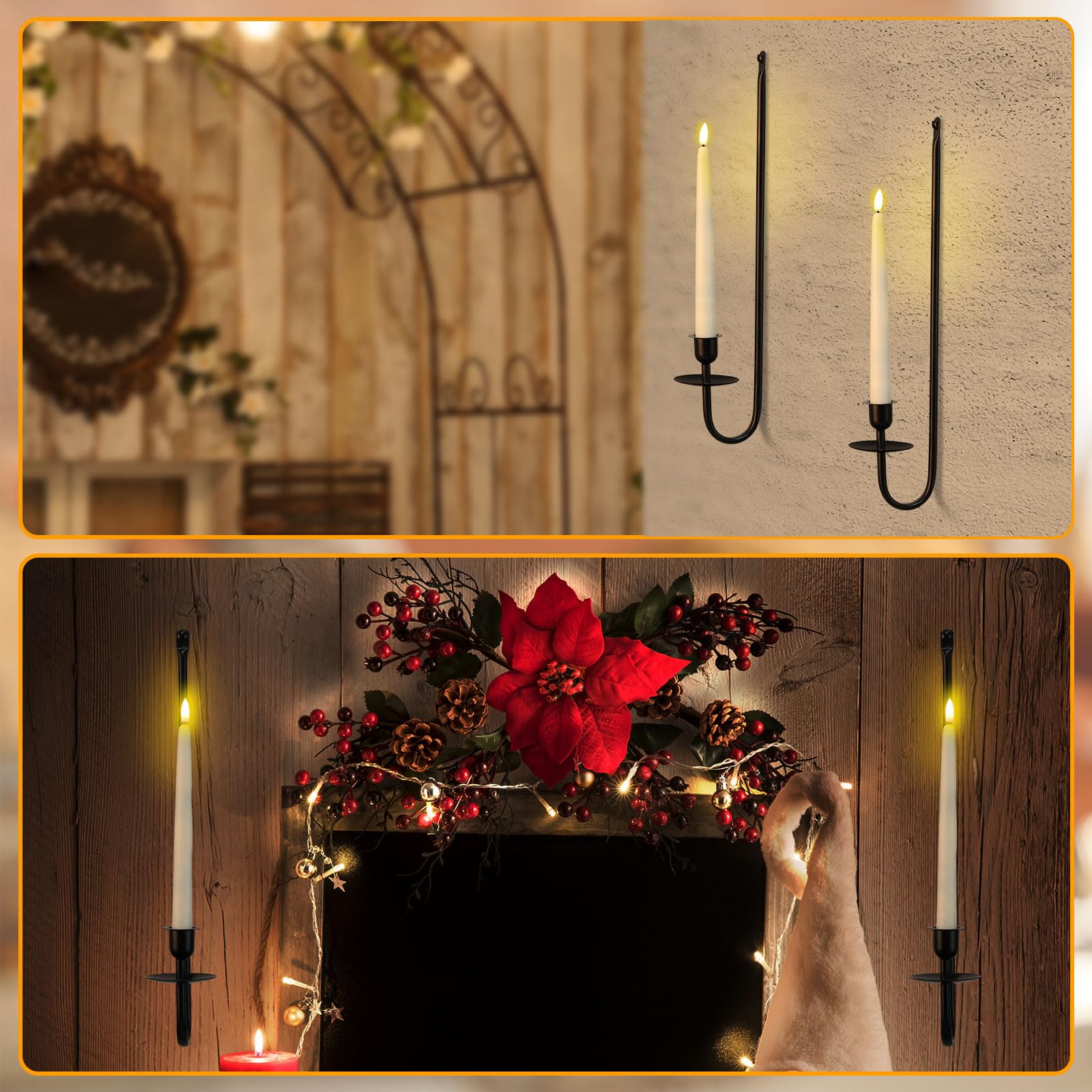 Tessco for you Metalowe kinkiety ścienne z bezpłomieniowymi świecami stożkowymi LED 24,4 cm i zdalnym timerem, 42 cm, zestaw kinkietów ściennych do salonu, kominka, korytarza, schodów, czarne, 4