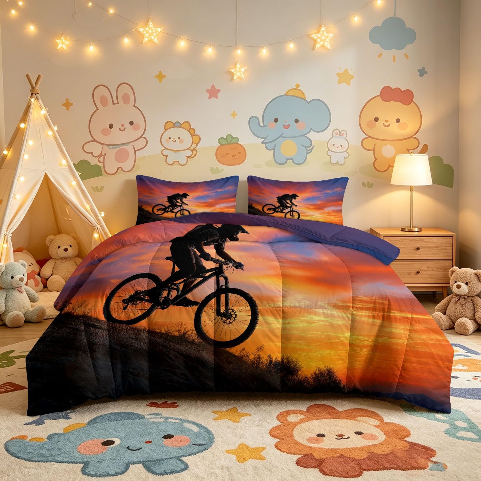 Generisch Piumino da 200 x 200 cm, motivo foresta, tramonto e bicicletta, utilizzabile per 4 stagioni, senza rivestimento, soffice e morbido, per fotografia, ciclismo, lavabile, con federa