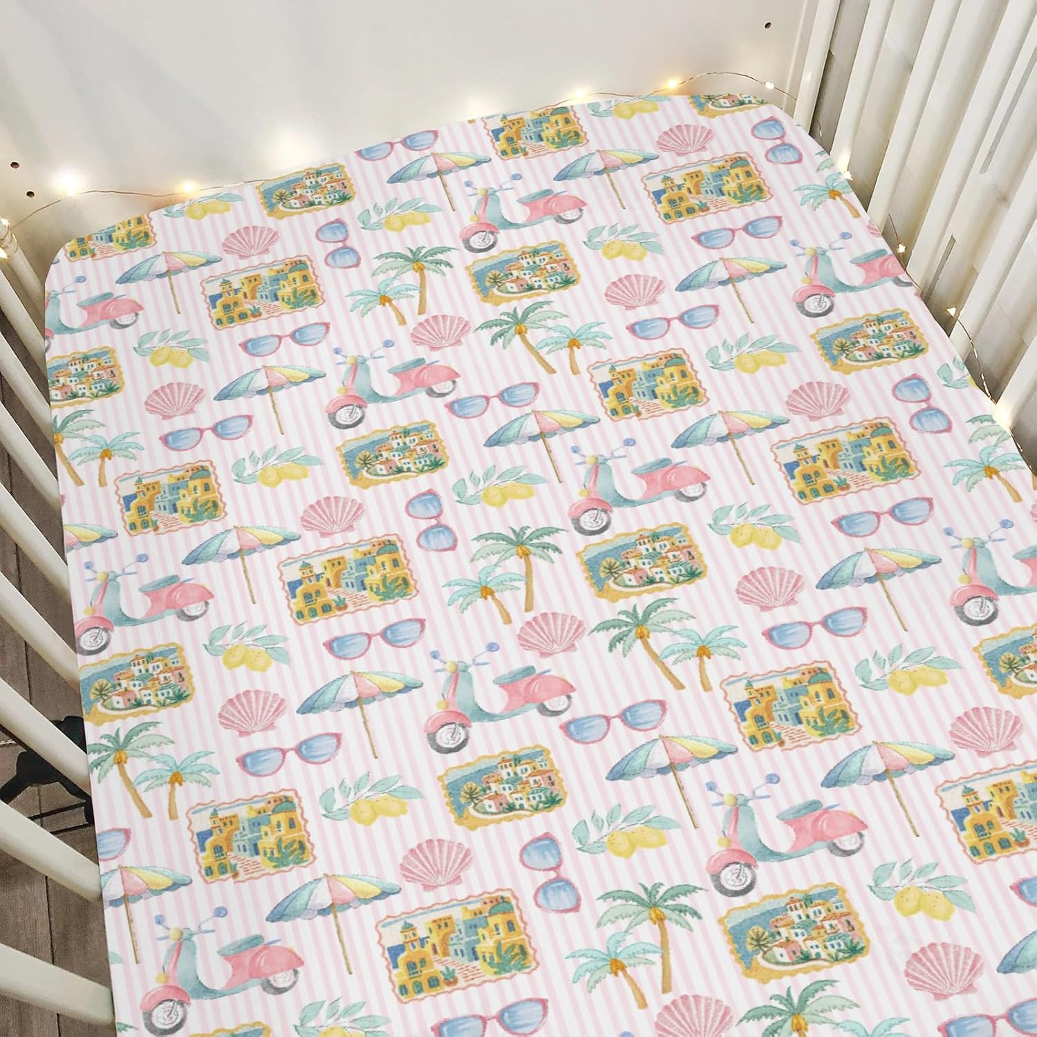 Pastel Summer Beach Baby Crib Sheets for Boy Girl 52"x28" Lemon Palm Tree Seaside Village Stripes Soft Snug Fitted Crib Mattress Cover Vibrant Coastal Baby Sheet for Crib & Toddler Bed Mattress