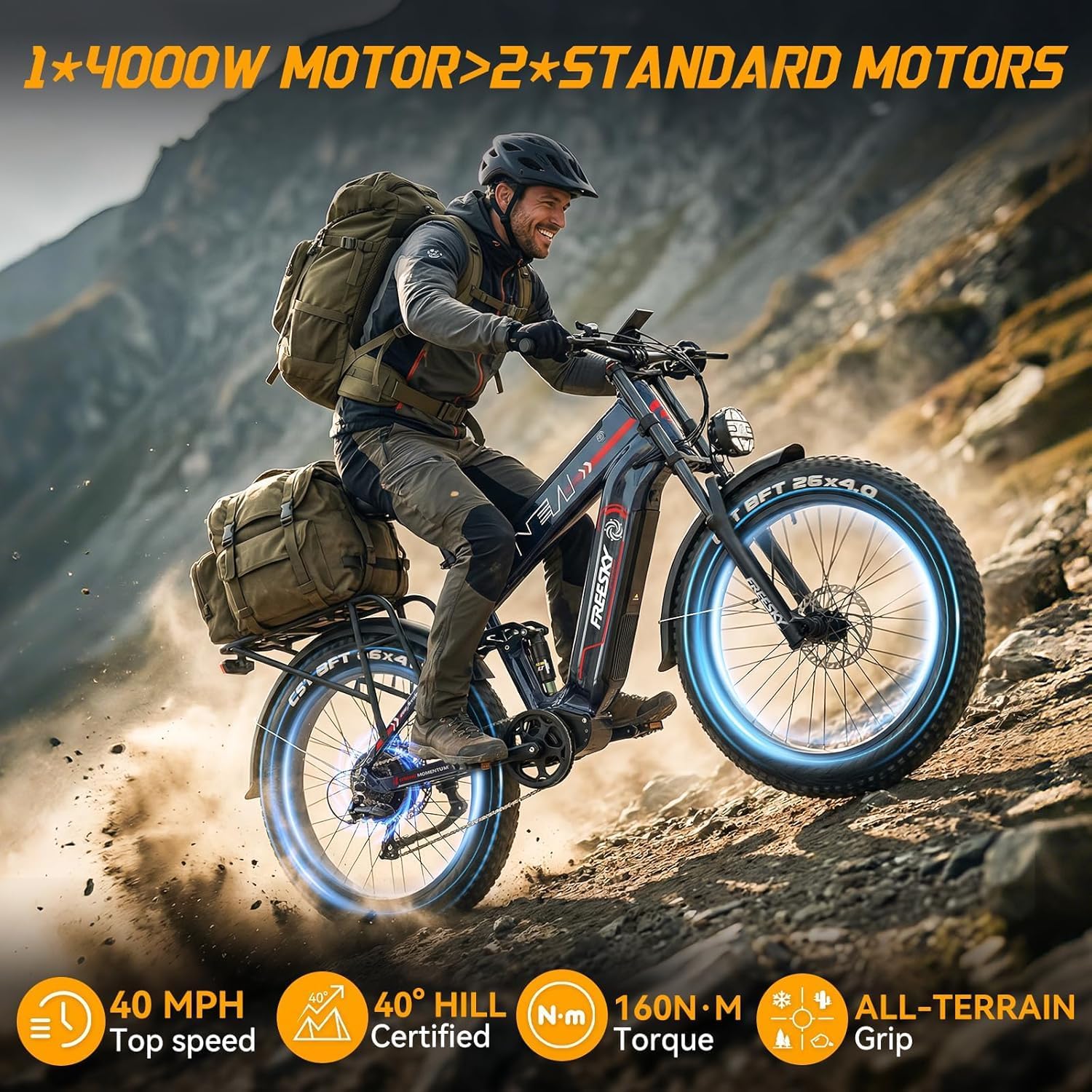 FREESKY 2026 Alaska Pro Dual Battery 48V 45AH 200 Miles 40MPH Electric Bike for Adult, 4000W High-Torque Motor Long Range Fat Tire Ebike, 26" Full Suspension Mountain E Bike, UL 2849 Certified by TÜV