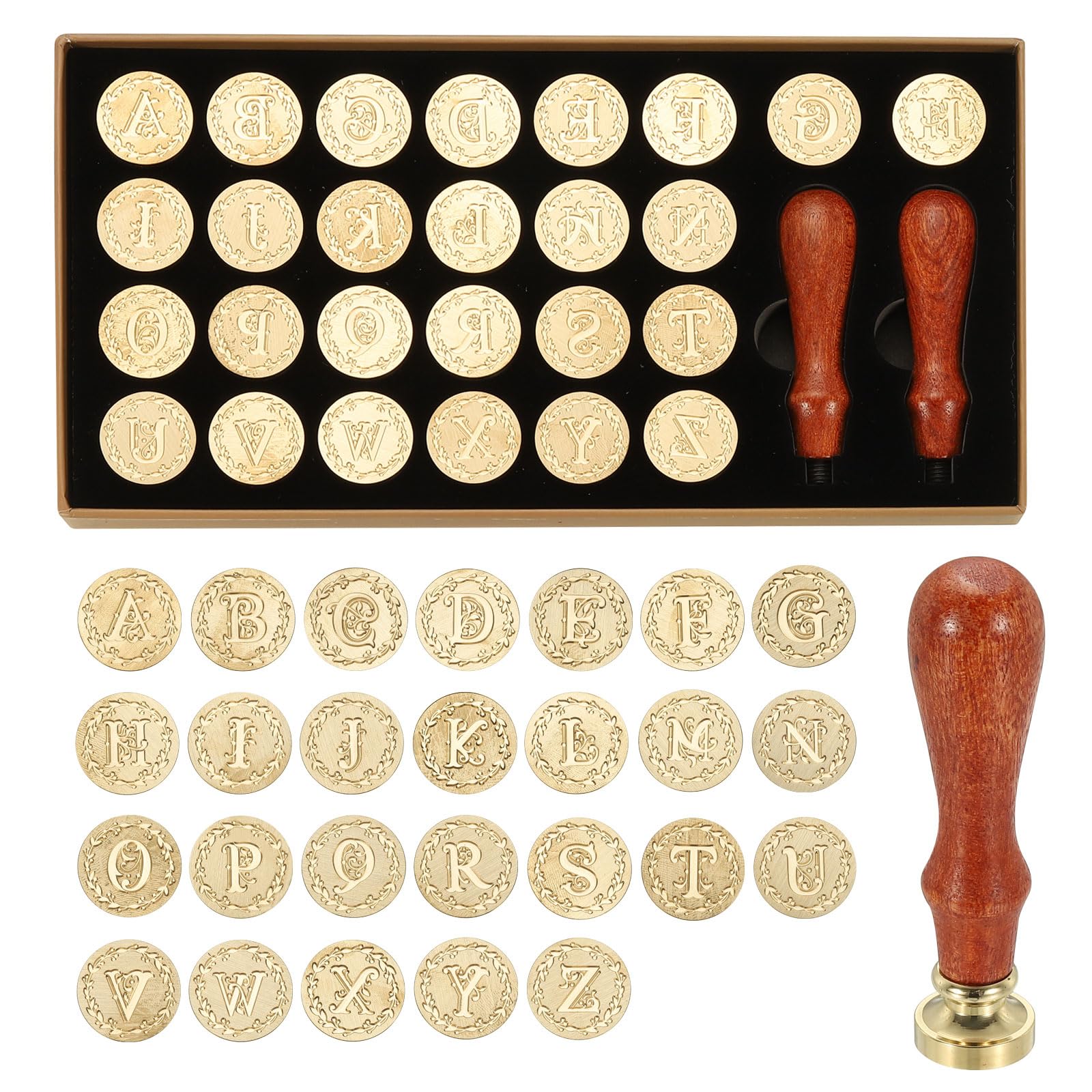 PATIKIL 26 Letters A-Z Alphabet Wax Seal Stamp Kit, Vintage Sealing Stamp with 2pcs Wooden Handles Gift Box for Wedding Invitation, Party, Gift Wrap, Envelope Card, Style 3