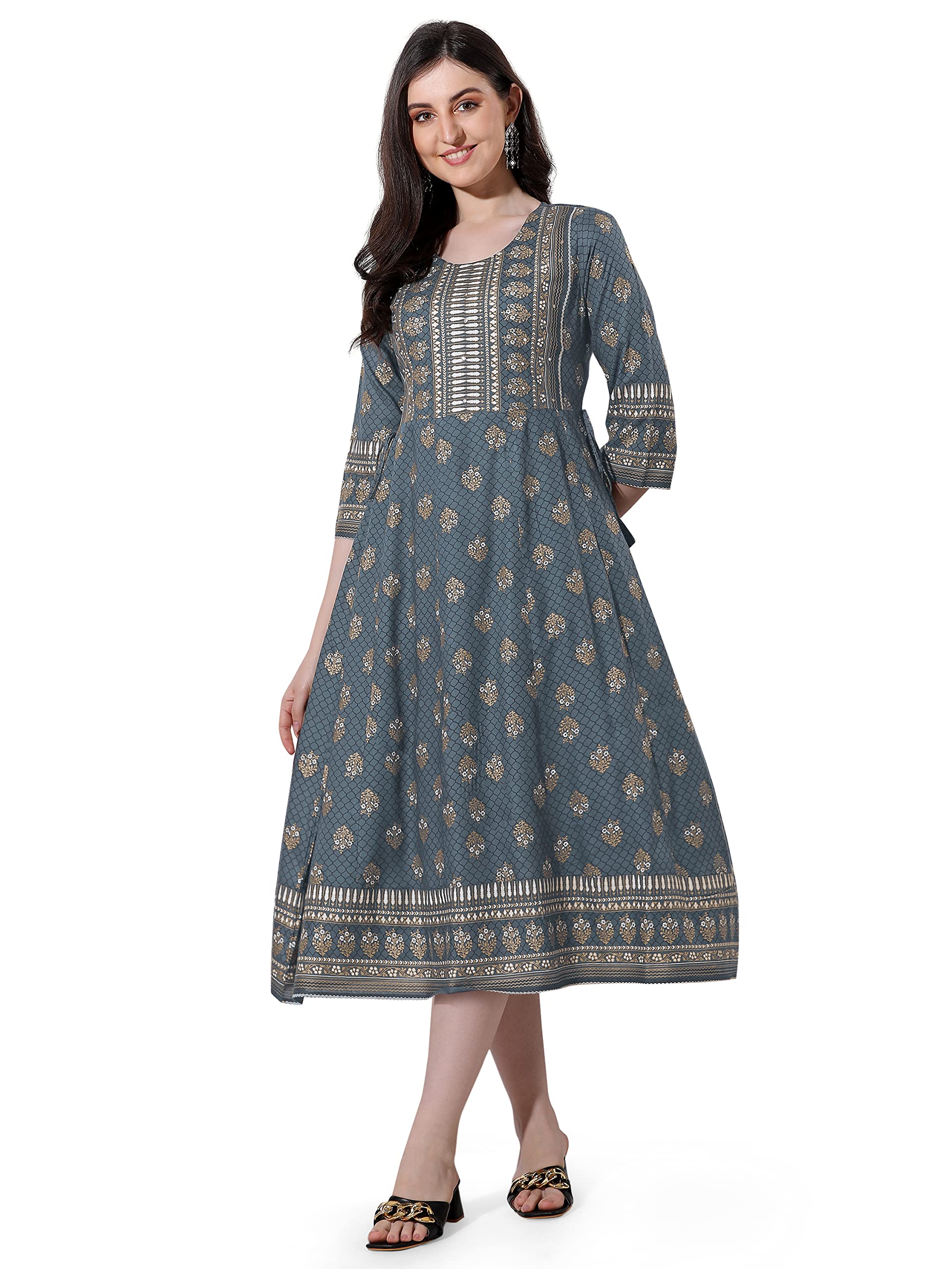 MIRCHI FASHION Women's Cotton Relaxed Fit A Line Sequins Embroidery Work Foil Printed A-Line Kurti Only