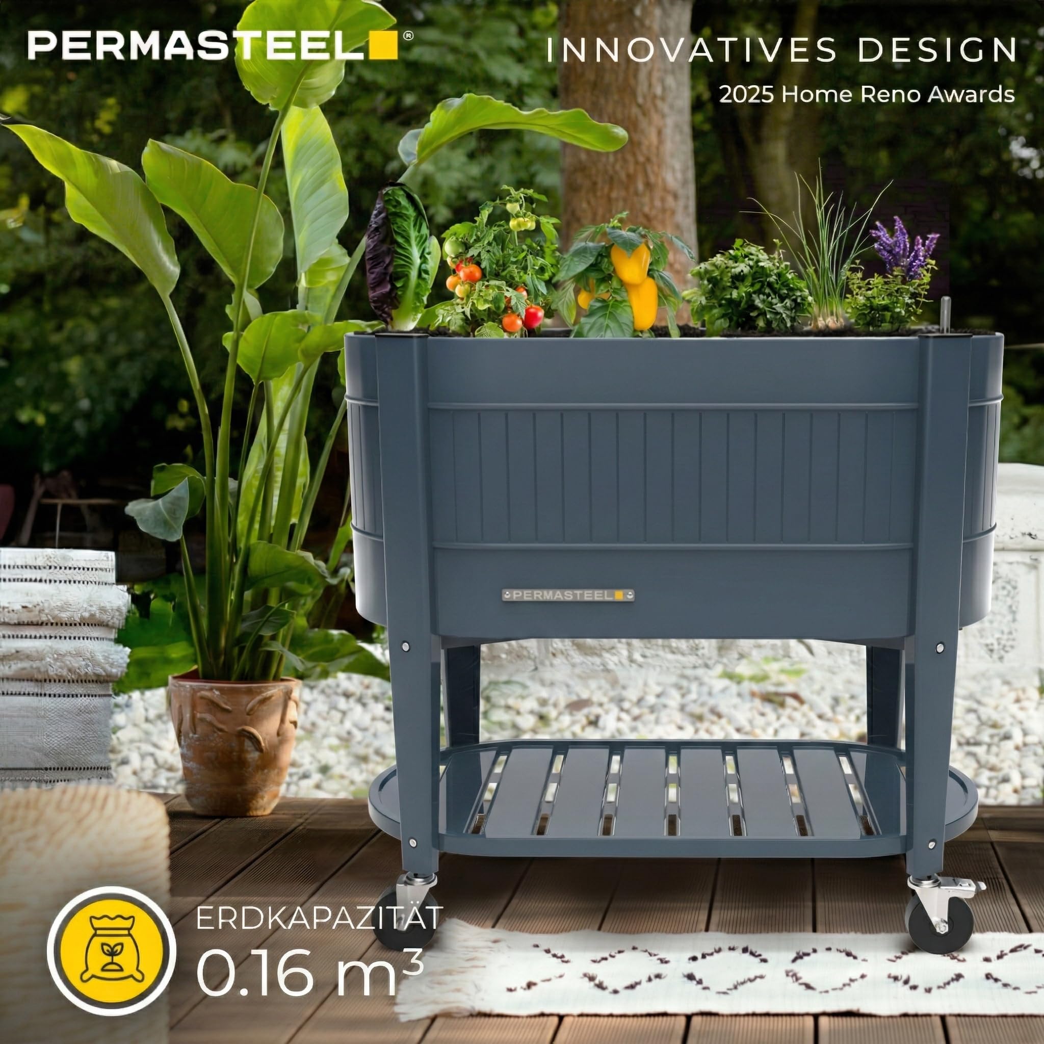 Permasteel Hochbeet Metall mit Rollen für Garten oder Balkon - Pflanzkübel groß außen 101x51x94 cm - Selbstbewässerungssystem, Wasserstandsanzeige und Ablassventil - Für Gemüse, Kräuter oder Blumen