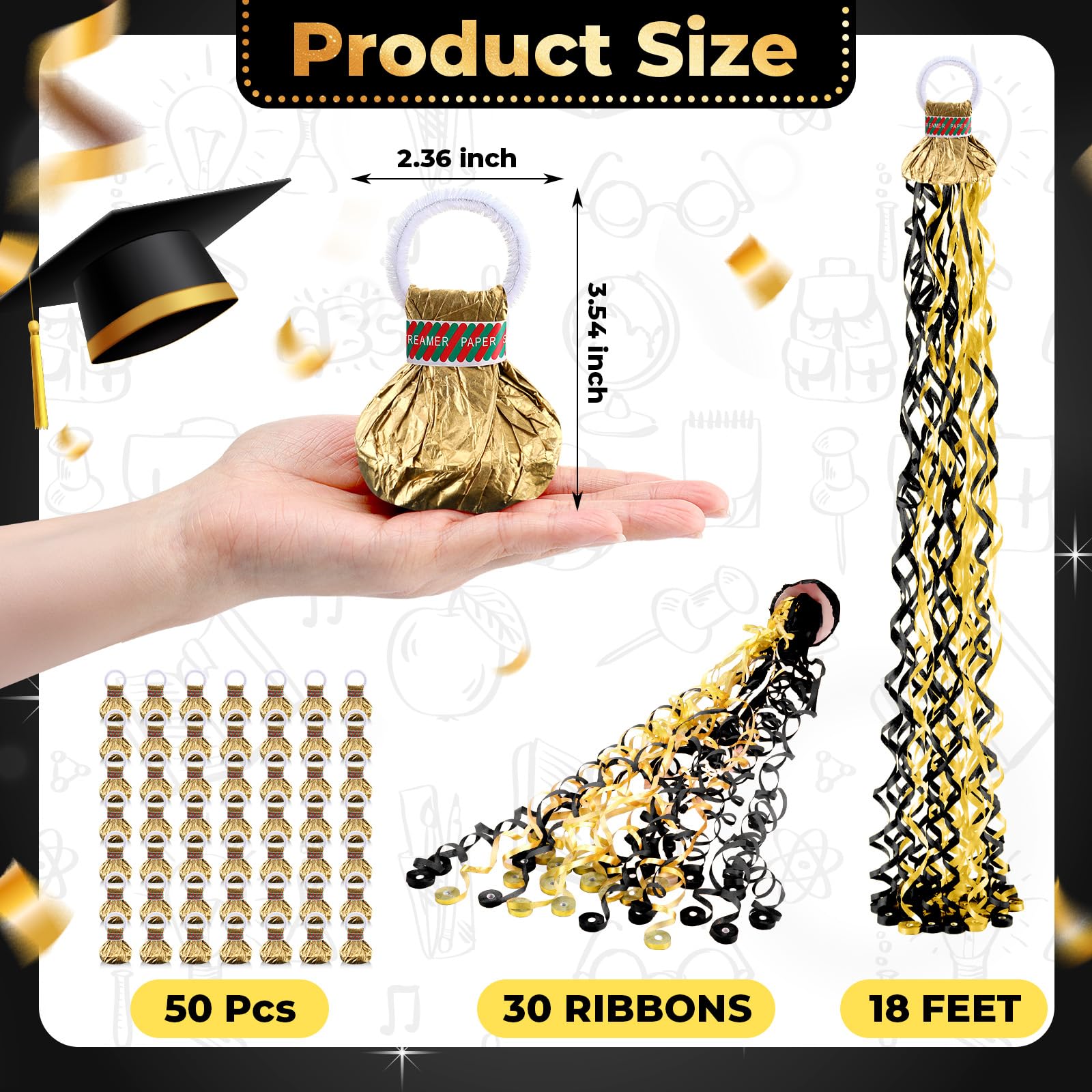 WinnerWhy 100 Stück goldfarbene Handwurf-Luftschlangen, Popper, kein Durcheinander, Papierknallbonbons, Konfetti, Schwarz-Gold, Luftschlangen für Feiern, Abschlussfeiern, Geburtstage, Hochzeiten,