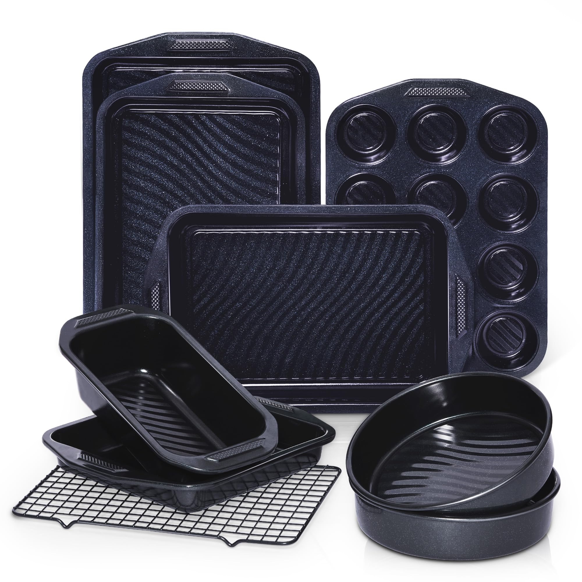 Photo 1 of *** Single small baking dish ***HONGBAKE 9-Piece Non Stick Baking Pans Set with Wave Texture for Reduced Oil, 0.8mm Thick Non Toxic Bakeware Sets, Includes Stackable Cookie Sheets for Oven Cooking, Cake Pan, Muffin Pan, Blue