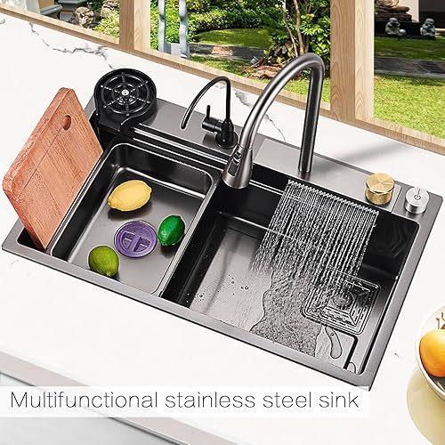 Miniatura 2 de Waterfall Kitchen - Fregadero de cocina de 32 pulgadas, fregadero de cocina de acero inoxidable negro con grifo de tracción, fregadero familiar nano