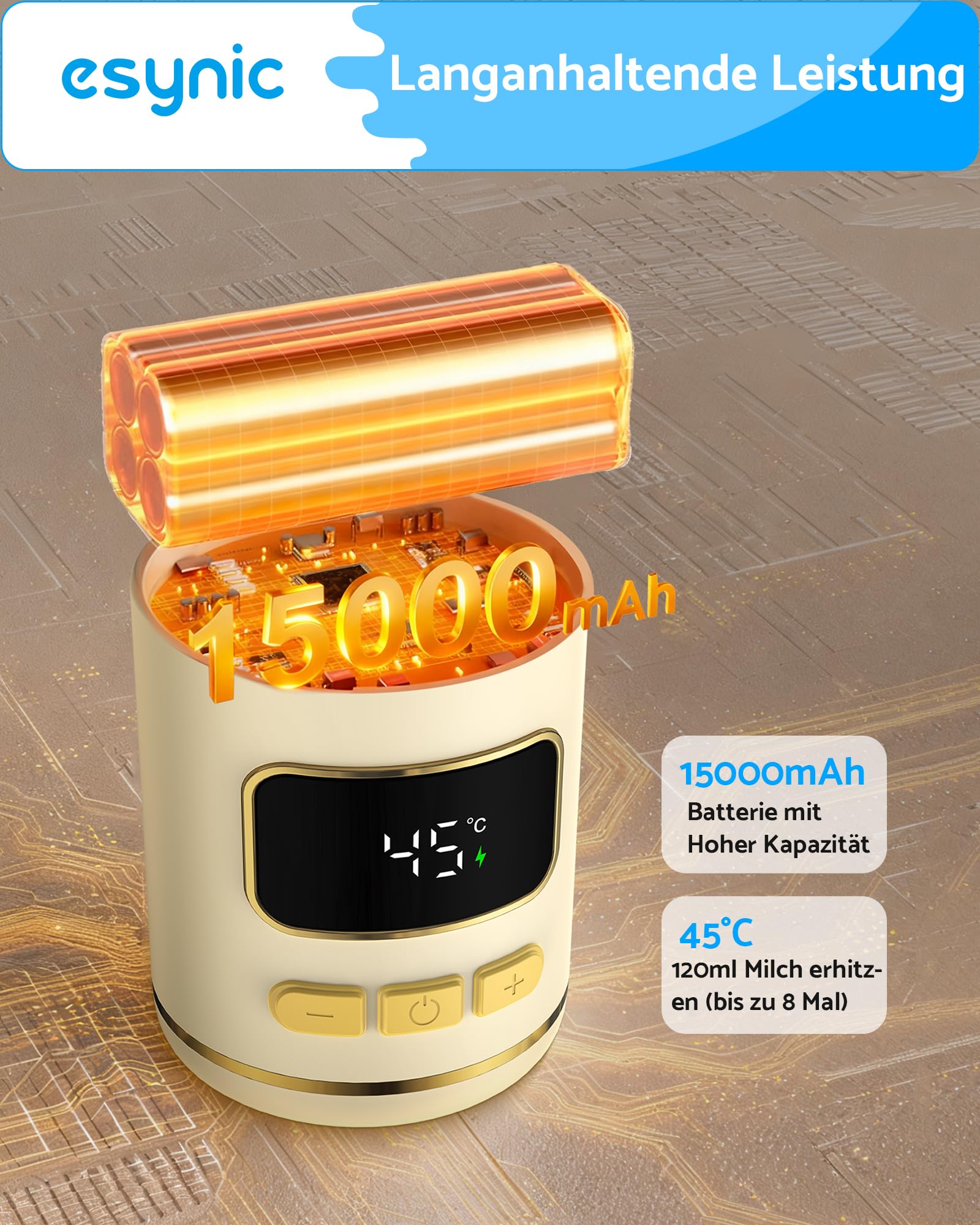 eSynic Babyflaschenwärmer 450ml Kapazität 15000mAh Akku Tragbarer Flaschenwärmer Edelstahl 316 Schnellaufheizung in 2-3 Min. Muttermilch & Wasser USB-C Ladeanschluss BPA-frei Reisen & Nachtfütterung