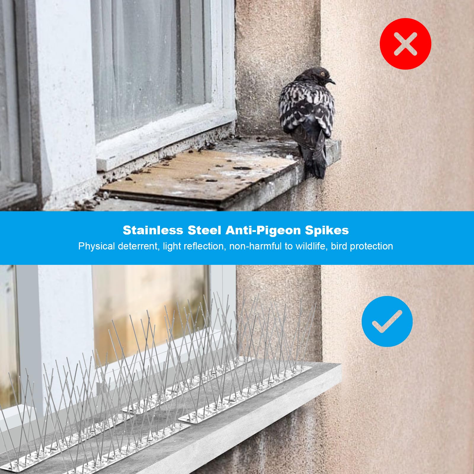 Pic Anti-oiseaux Inox Acier Inox 304 - 10x32cm Pour Balcon Toit Corniche Pointes Anti-pigeons