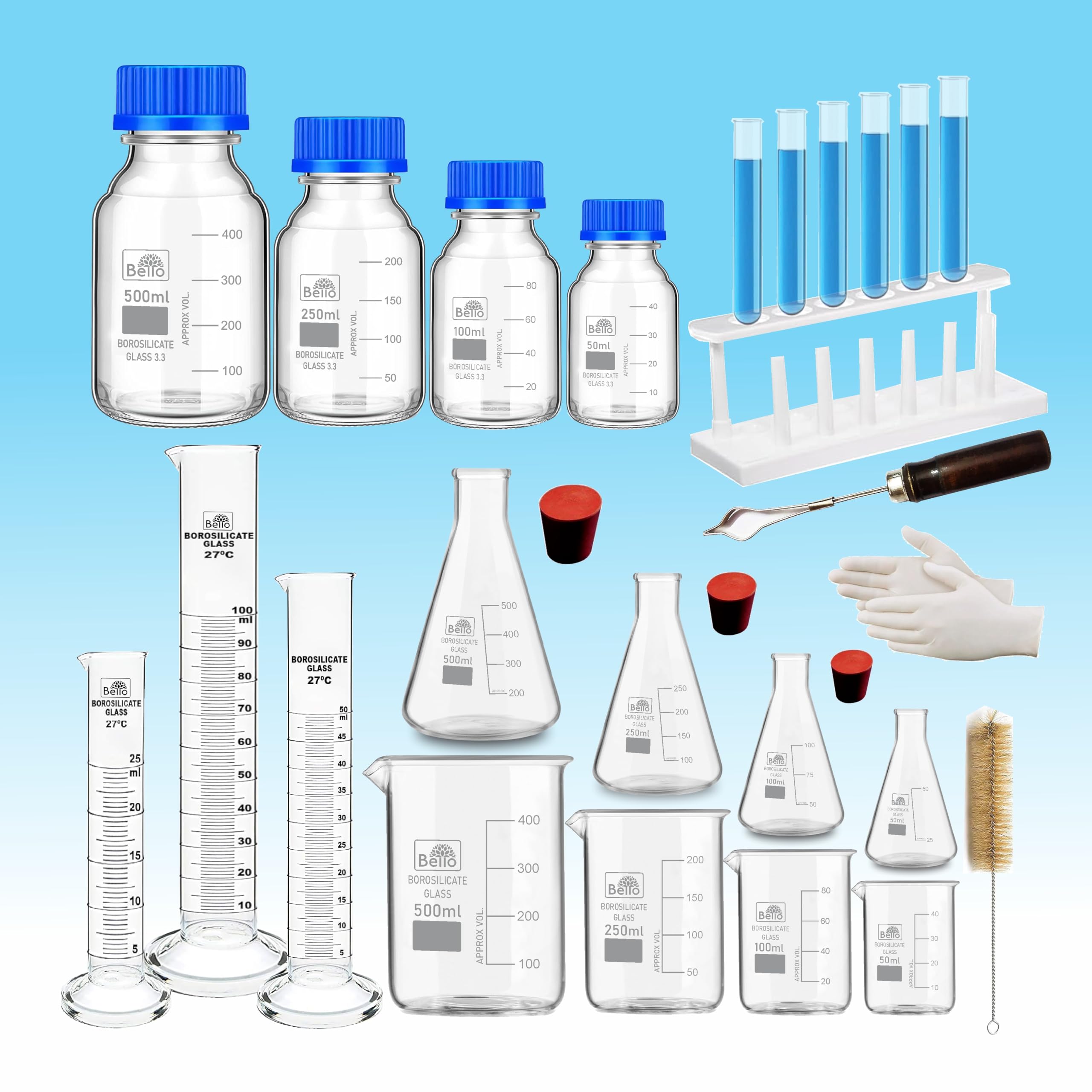 Bello Professional Scientific Kit, Lab Glassware Set of 28 Product Quality Borosilicate Glass Beaker, Conical Flask Cylinder Reagent bottle Set, Ideal for Laboratories and School Science Experiments-image-16
