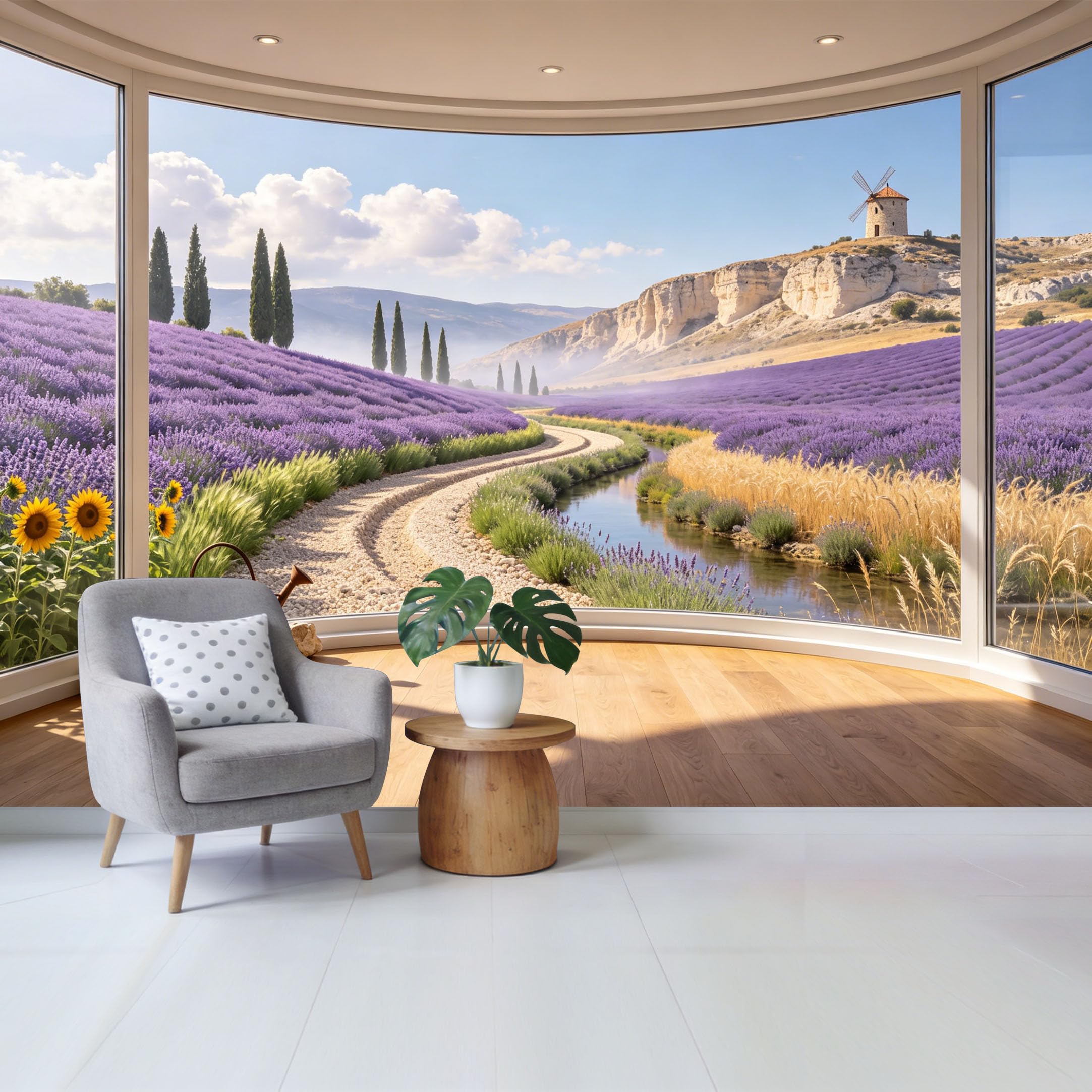 Removable Self Adhesive Fabric Mural， Custom Size Wall Covering Provence Lavender Field Windmill Landscape， UV Protected Waterproof Washable Wall Decor for Living Room Bedroom Bathroom