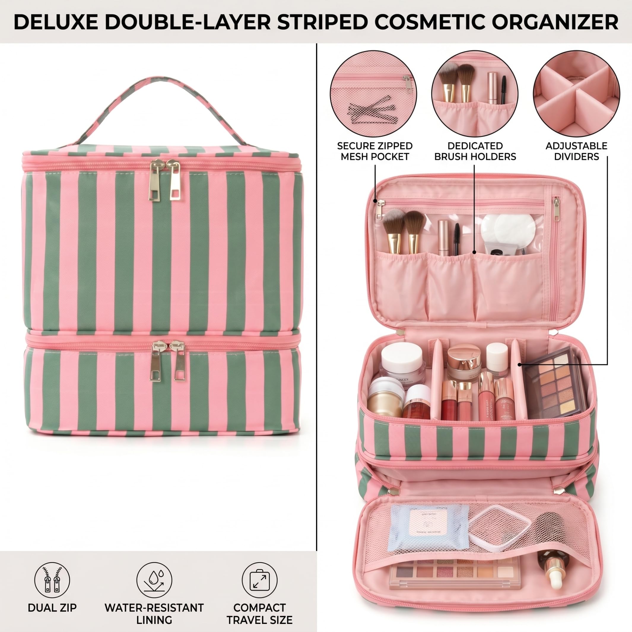 Borsa organizer per smalti, organizer a doppio strato con scomparti multipli, borsa per kit unghie di grande capacità, a strisce verdi e 1