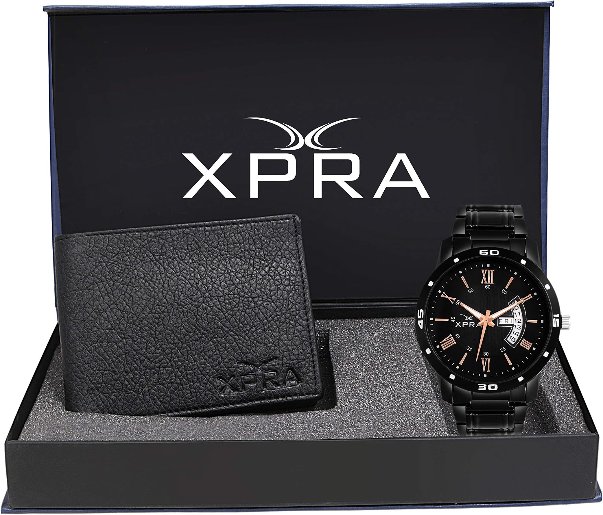 Xpra Black Day & Date Functioning, Black Chain Wrist Watch & Black Genuine Leather Bi-Fold Wallet Combo Set (WL-WCH-5)