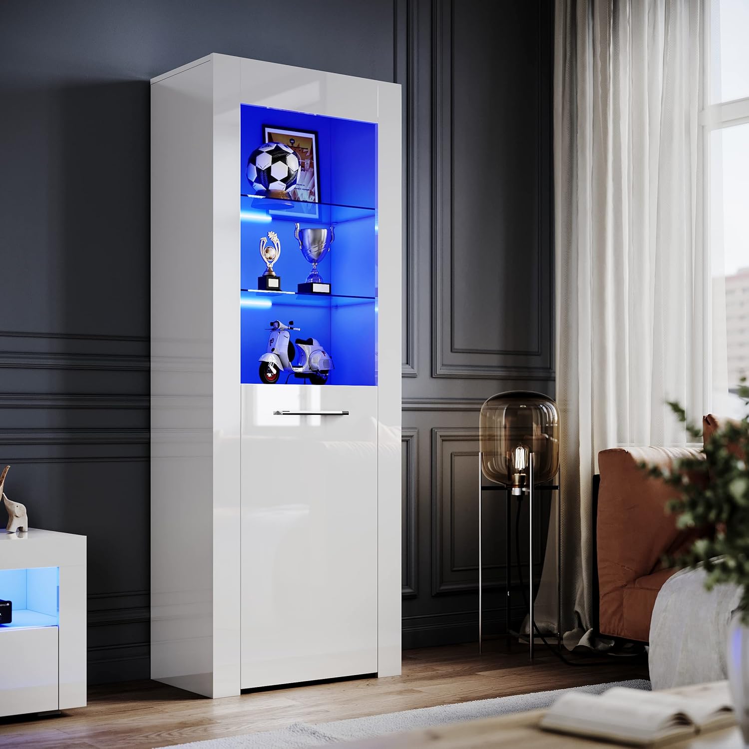 ELEGANT White Gloss Sideboards Cupboard Tall Display Unit with