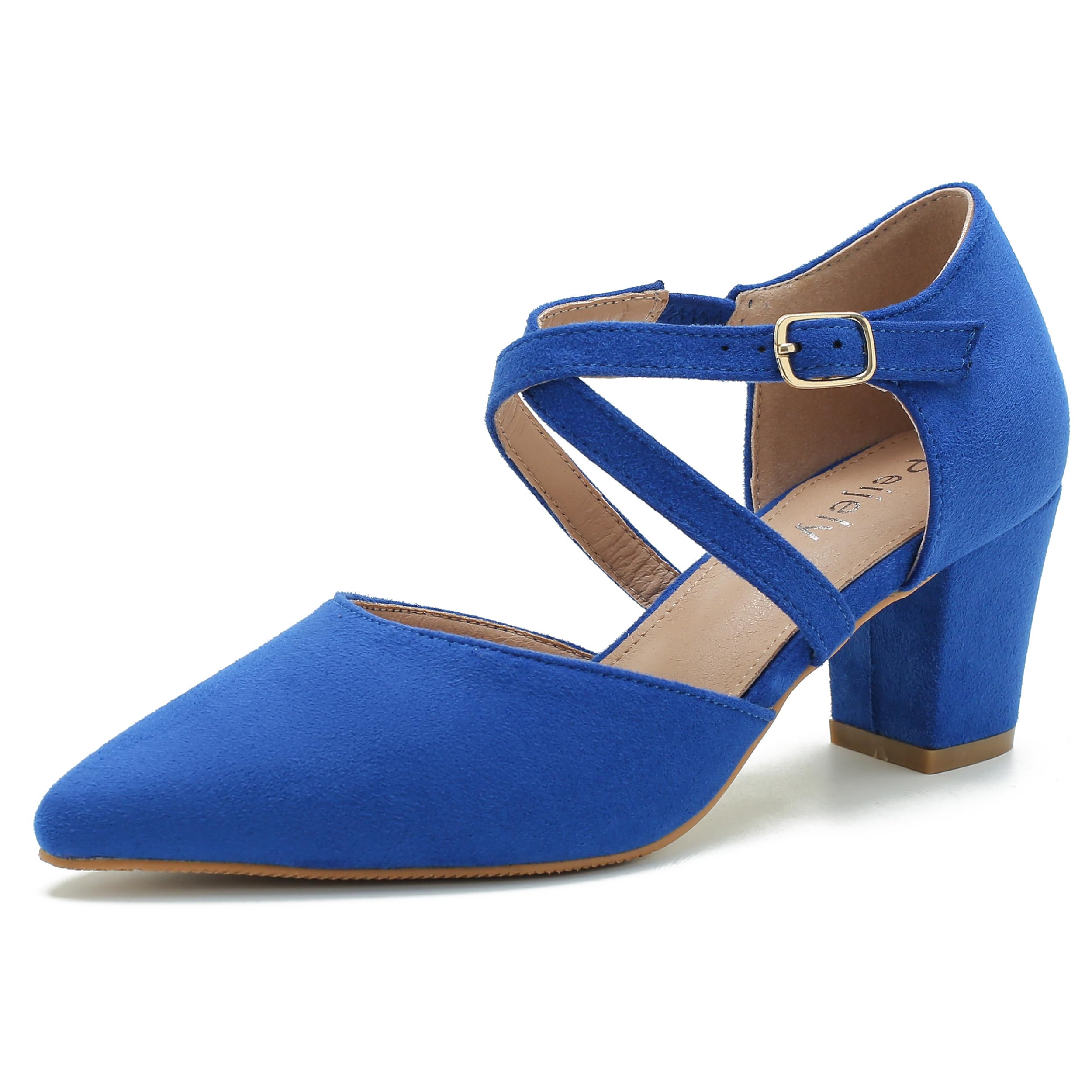 Women's Pointed Toe Pumps, Cross-Strap, Block Heel Dress Shoes