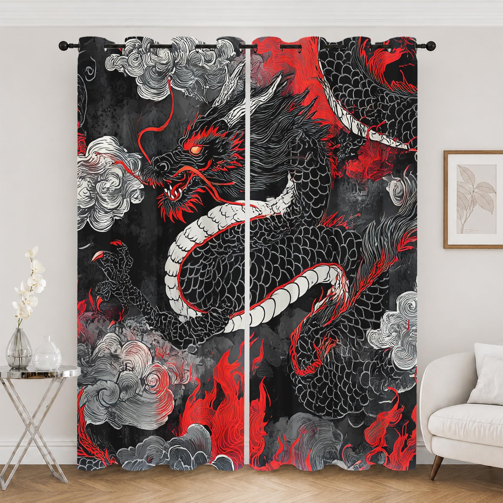 Rideau opaque dragon chinois noir isolant thermique 140x260cm lot de 2