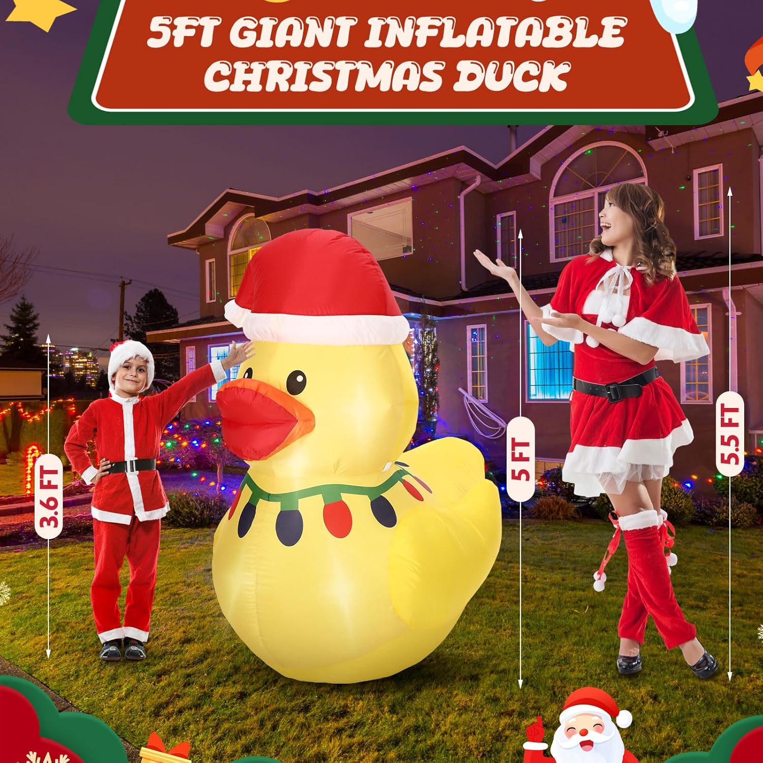 Leyndo 1 Set 5FT Christmas Inflatables Decoration Outdoor Inflatables Duck with Build-in LEDs Lights Giant Blow up Duck Wear Classic Christmas Hat for Mall Garden Patio Lawn Indoor Party