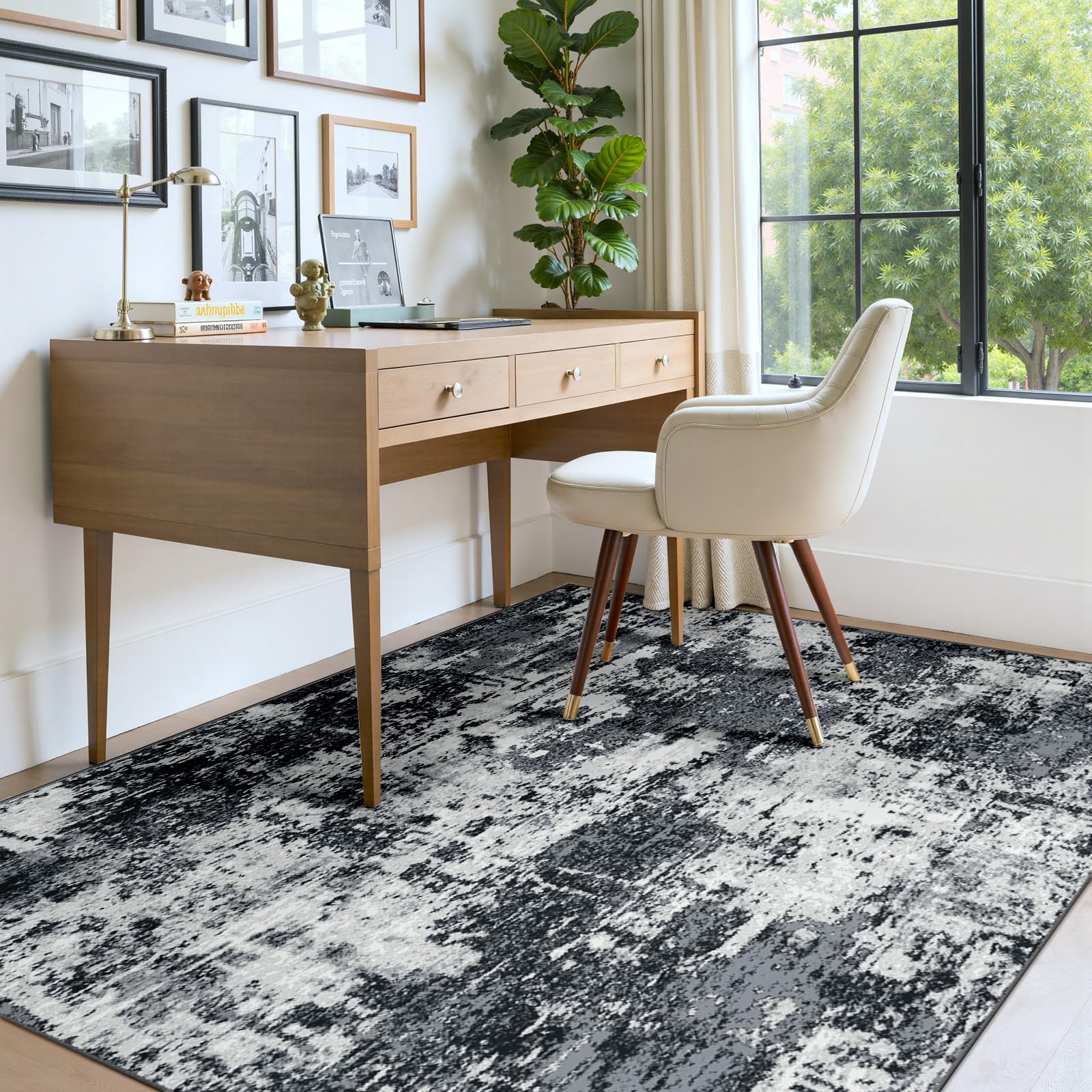 Washable Area Rugs 4'x6' Non-Slip Modern Abstract Soft for Living Room Entryway Bedroom Nursery, Print Pattern, Black Gray