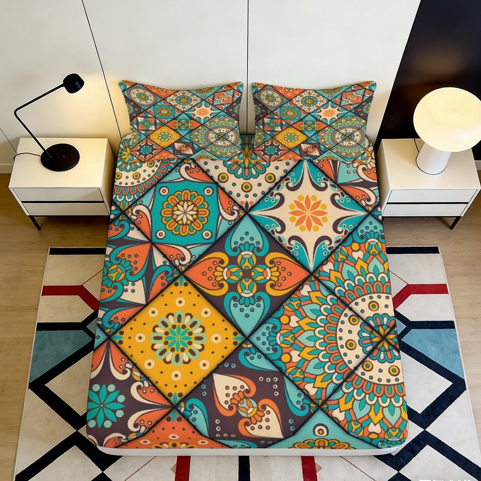 Zfldkwgb Style-5 3D Printed Boho Mandala Fitted Sheet Microfiber Soft Colourful Vintage Geometric Bed Cover For Bedroom Guestroom 90X200x25cm