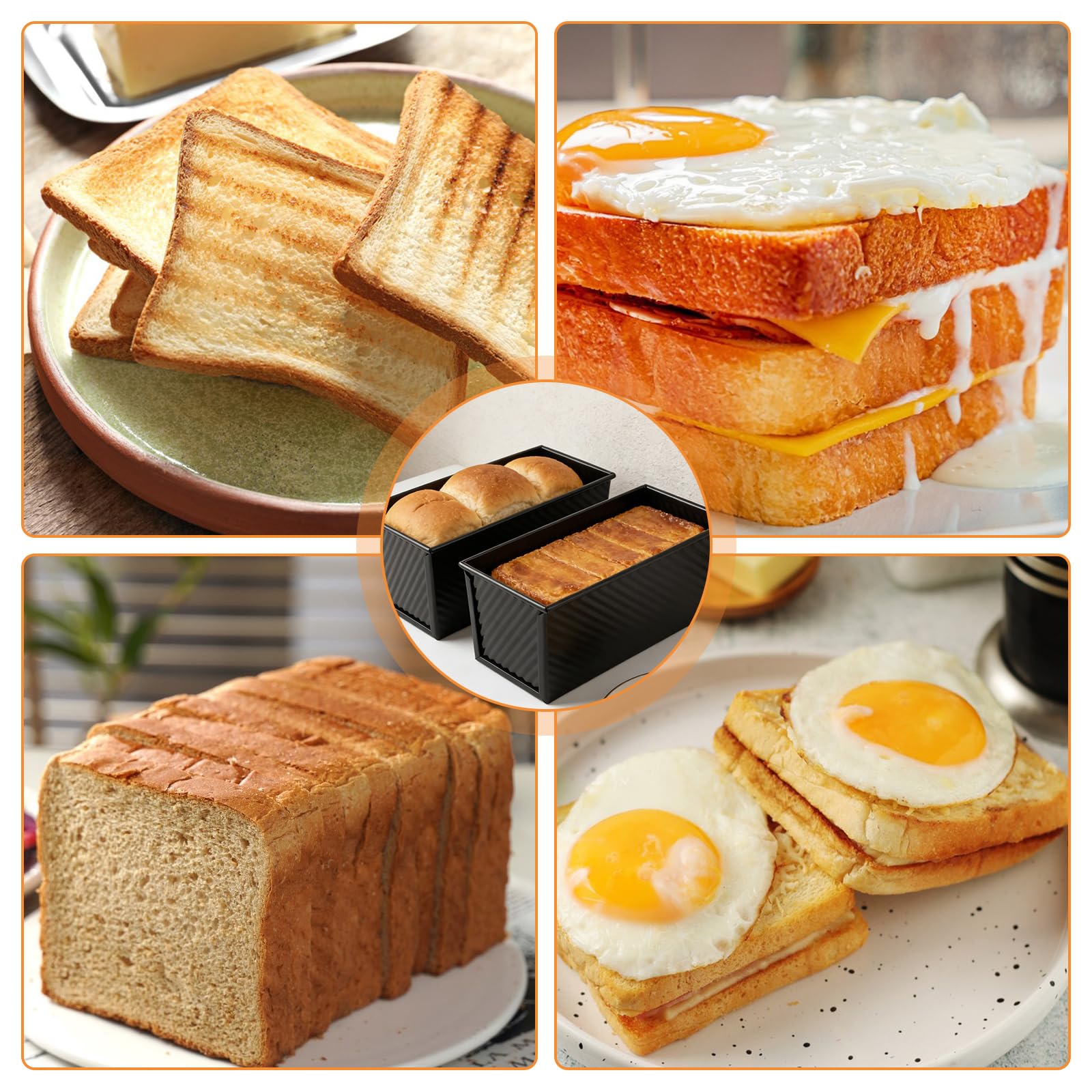 Stampo per il pane con coperchio, 2 pezzi, 1000 g e 450 g, con coperchio in acciaio al carbonio, rivestimento antiaderente, con fori di ventilazione, per toast e pane, colore nero