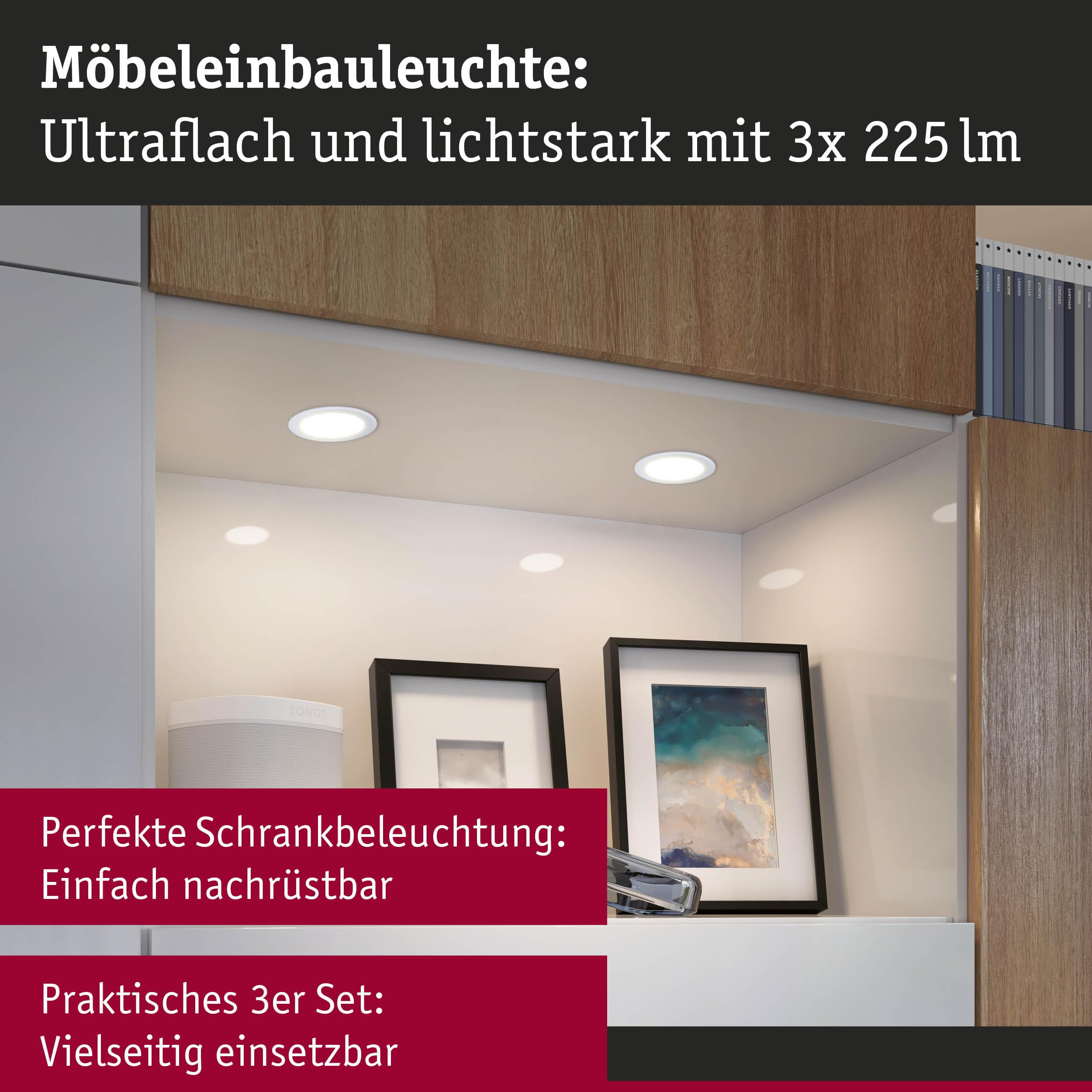 Paulmann 93115 LED Möbeleinbauleuchten 3er-Set 65mm 3x2,5W 3x180lm 230/12V 3000K Weiß