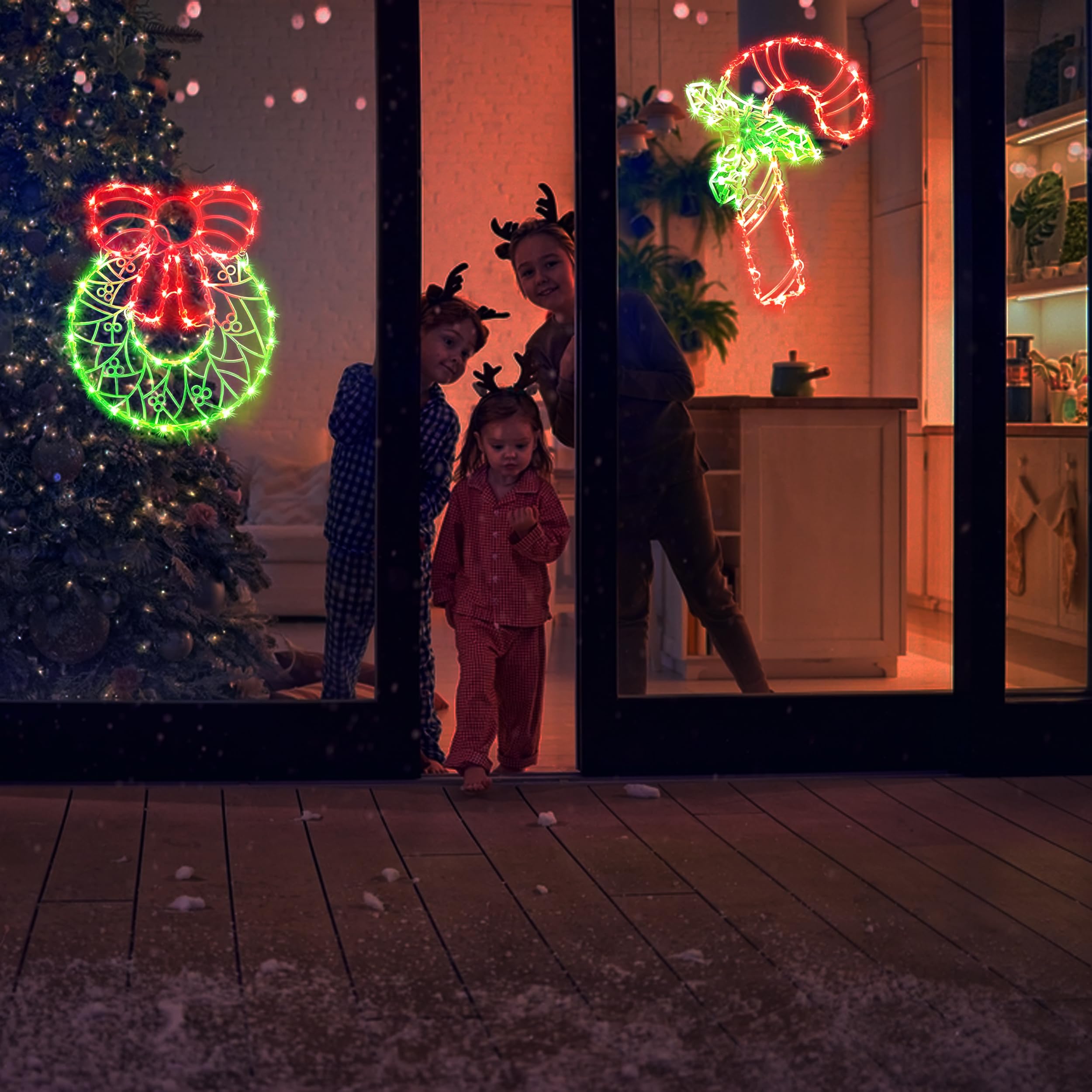 Beleuchtete Weihnachtsdekoration für Fenster, 2 Stück, für Weihnachten, Party, Haus, Terrasse, Rasen, Gartendekoration (Stab und Krone)