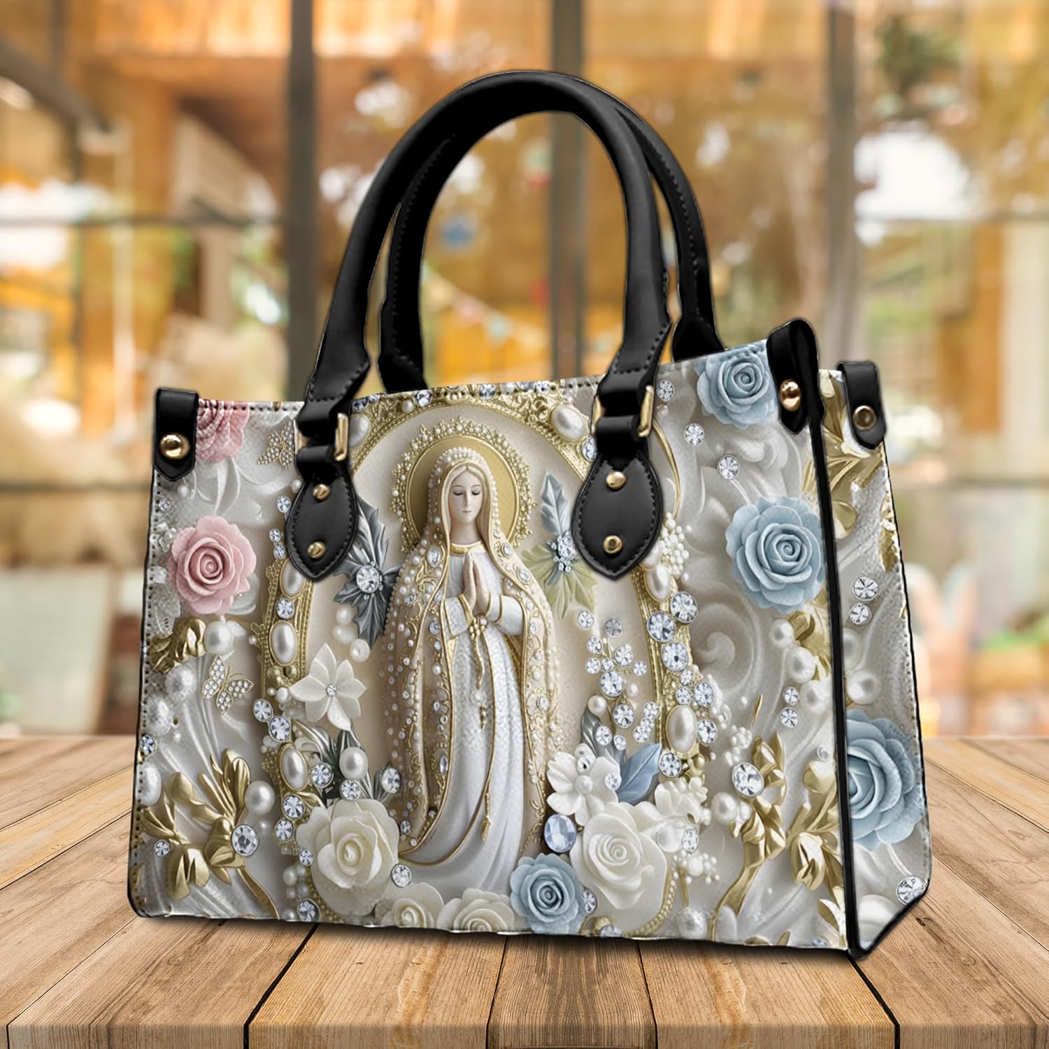 Personalized Virgin Mary Inspired Leather Handbag – Custom Catholic Purse for Women, Christian Religious Satchel Bag Gift