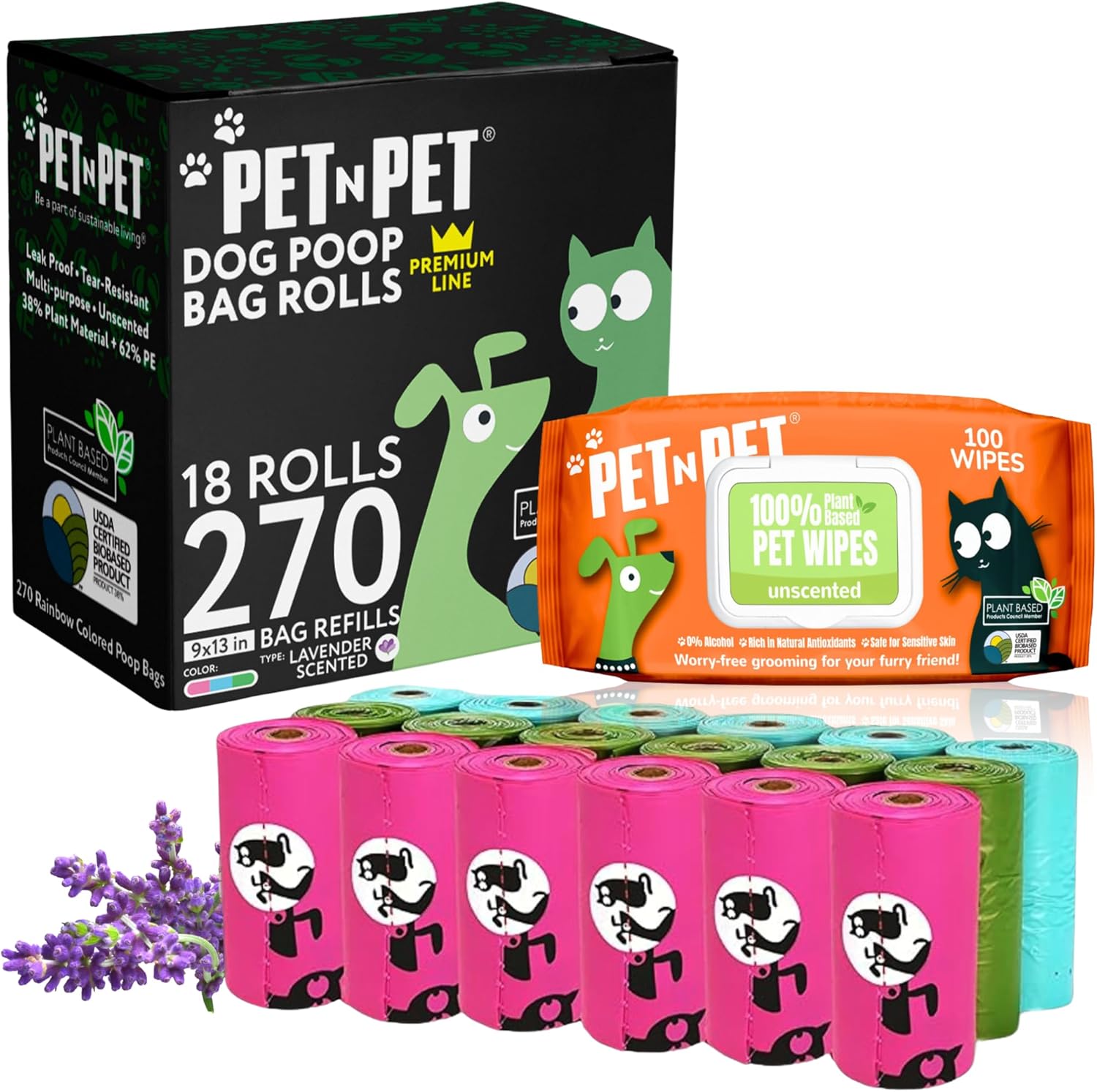 PET N PET Lavender Scented Dog Poop Bag Colorful, Doggie Poop Bags Dog Bags 38% Plant Based & 62% PE + 100% Plant Based Dog Wipes for Paws and Butt, 100 Counts 8" x 8" Hypoallergenic Wipes