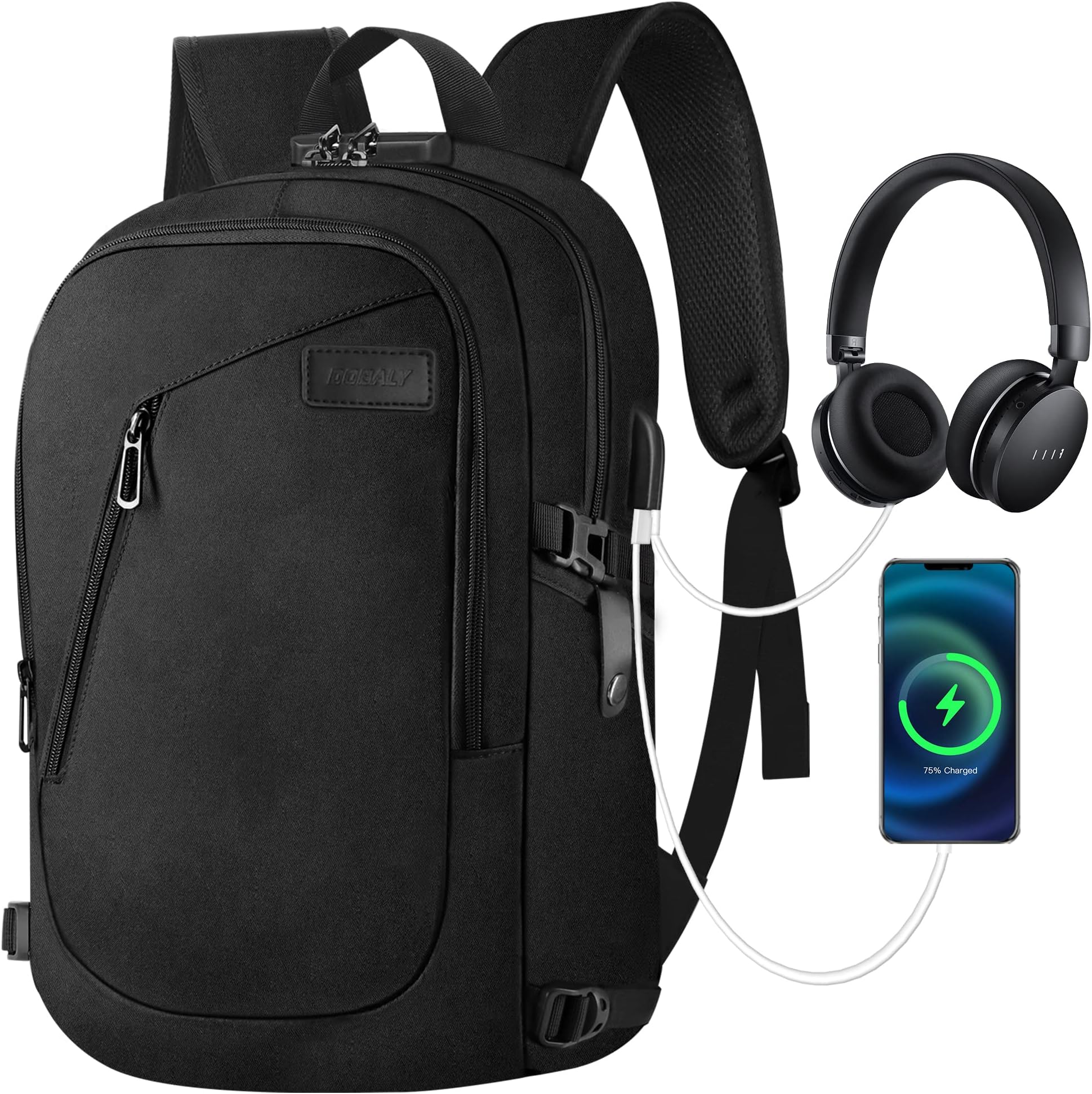 Dobaly Anti-Theft Laptop Backpack with USB Charging Port, Lockable Laptop Rucksack 15.6 Inch for Mens Women, Water Resistant Bag for Business College Work Office School-Black