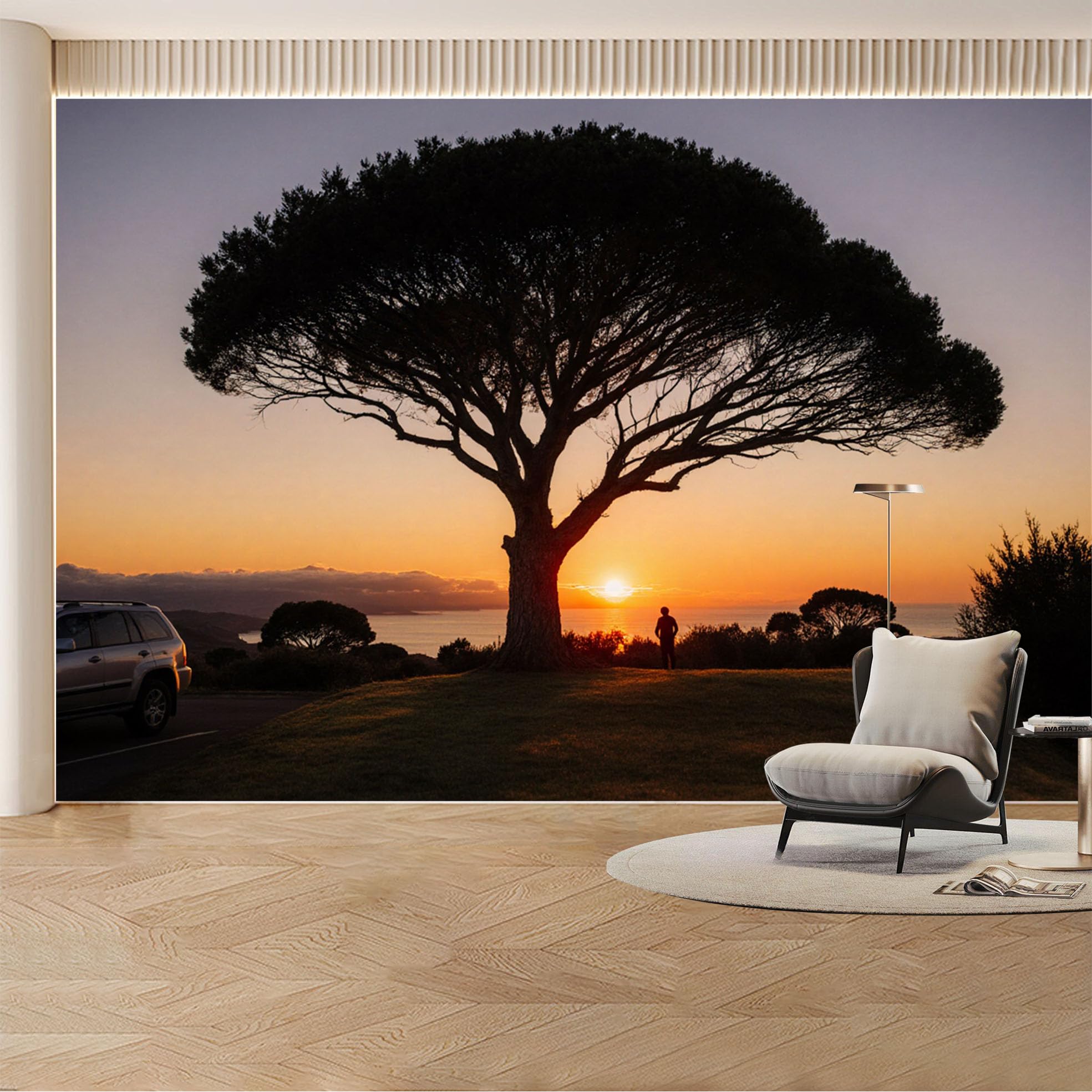Custom Wall Mural Wallpaper Silhouette Tree Sunset Landscape， Nature， Large Wall Art， Mural Design， Misty for Living Room， Bedroom， Office