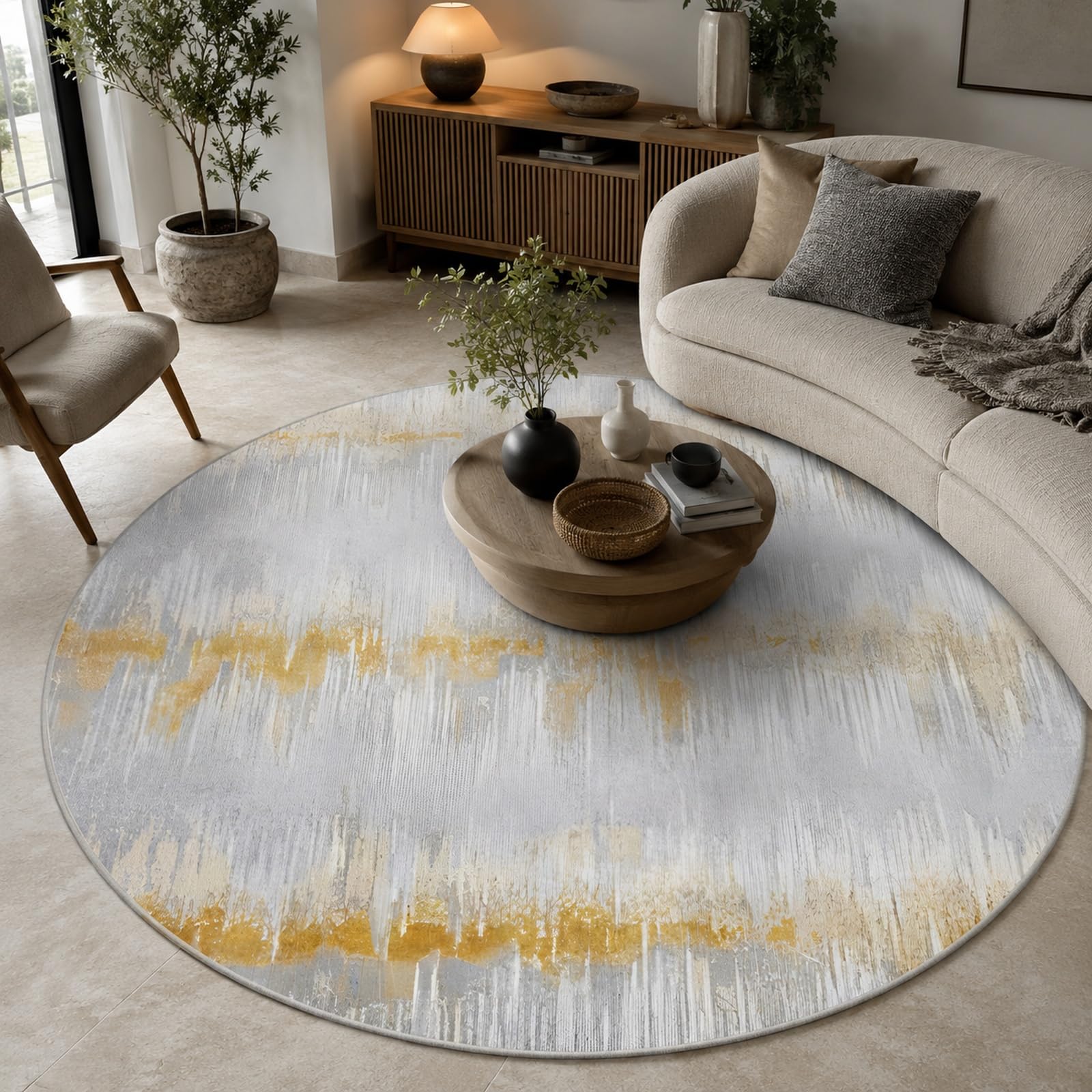 Tapis rond abstrait gris jaune blanc pour decoration armoire chambre coucher