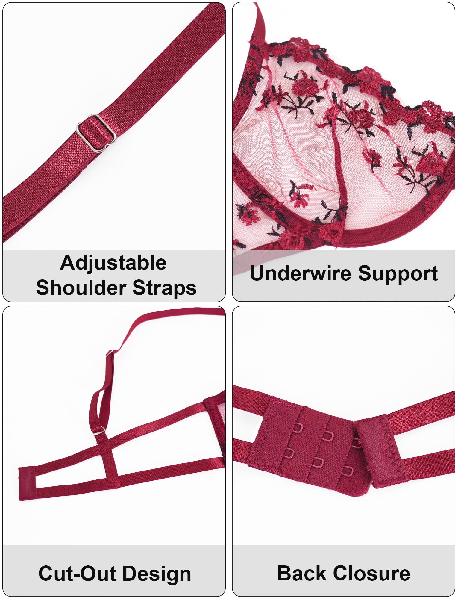 FEOYA Lencería sexy para mujer, conjunto de brasier y bragas de encaje a juego, malla bordada, bralette push up, tanga, ropa interior de dos piezas