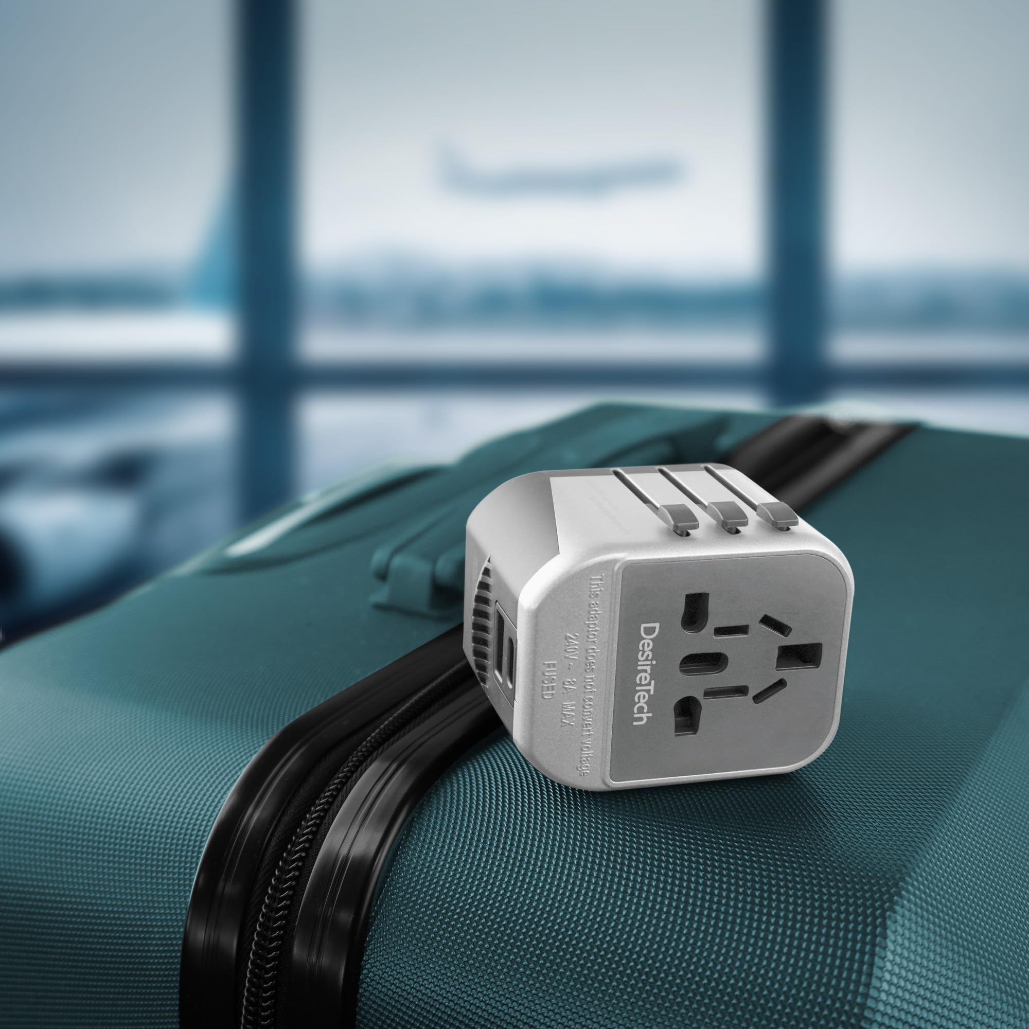 Desiretech Travel Adaptor - 4-in-1 Universal Plug Adapter with USB-A, USB-C, Phone Docking - Compact UK to World Adaptor, Double Fuse Protection - Perfect for Europe, USA, Asia & Beyond (White/Grey) — view 7