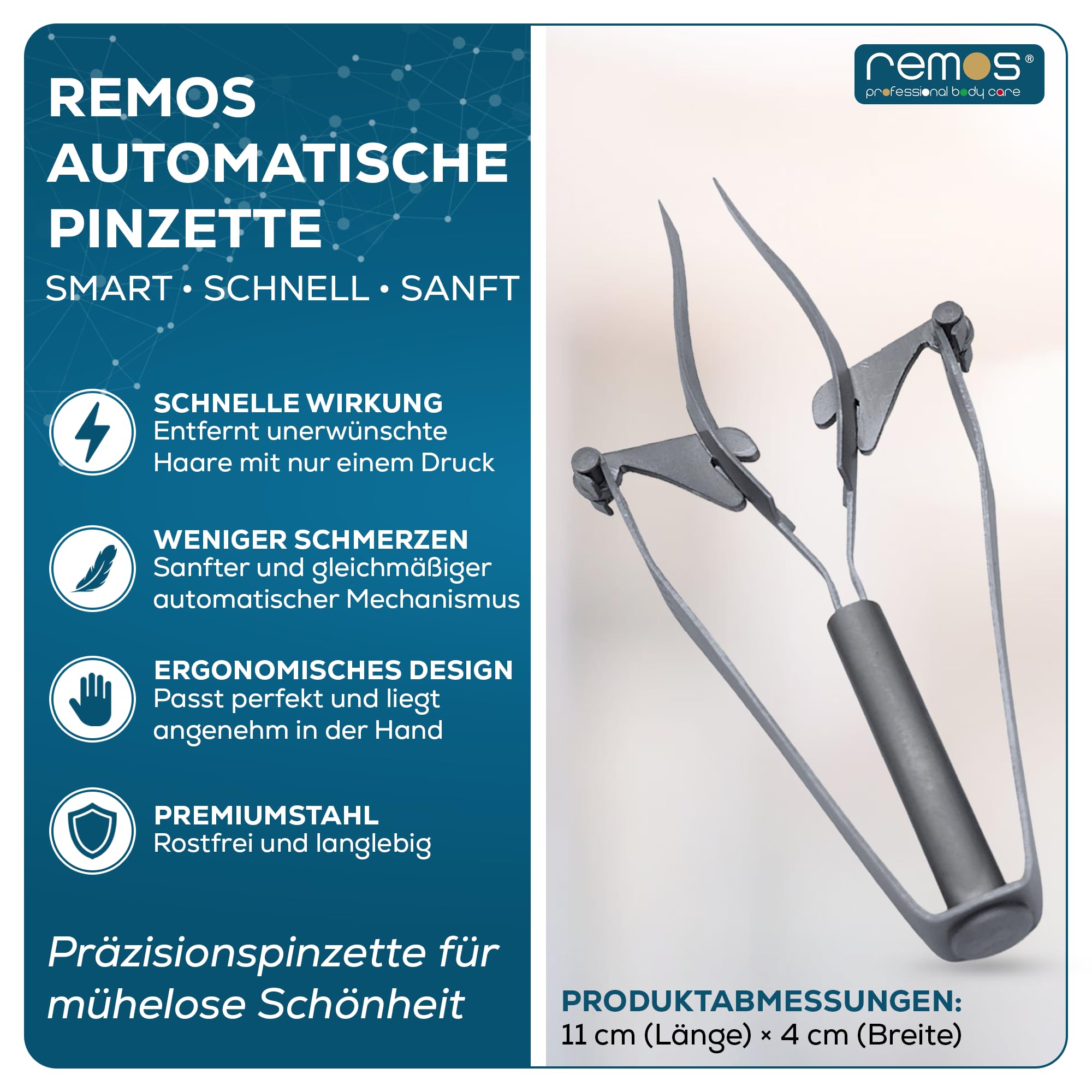 REMOS Pinzette Automatik zum einfachen & mühelosen Zupfen von Augenbrauen - 11cm