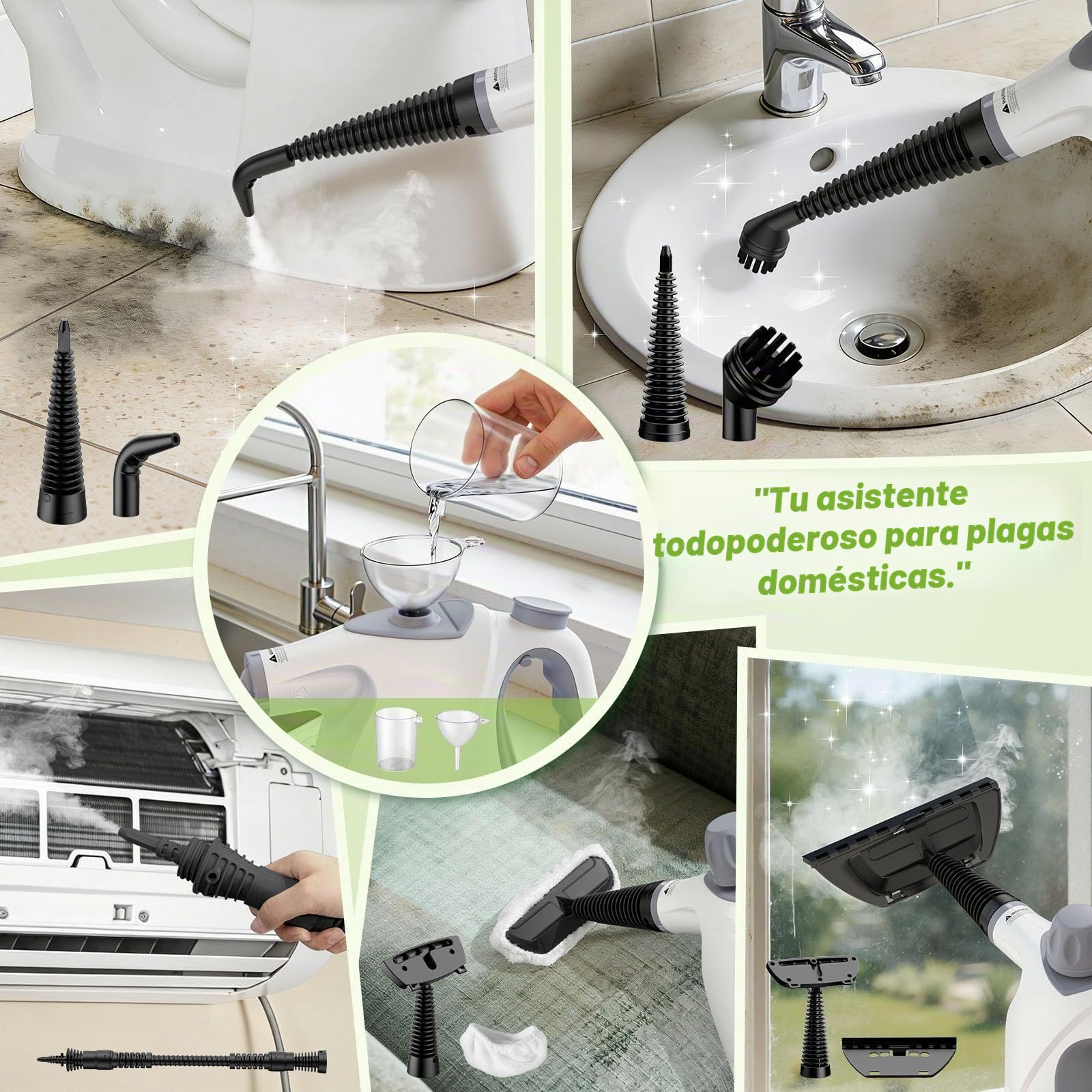 Vaporeta Limpieza Hogar, 1050W 110℃ 3,2Bar Alta Presión Vaporeta de Mano con 10 Accesorios, 100% sin Químicos, Grasa & Suciedad Steam Cleaner, Limpiador a Vapor Portátil para Cocina, Ventanas (Blanco)